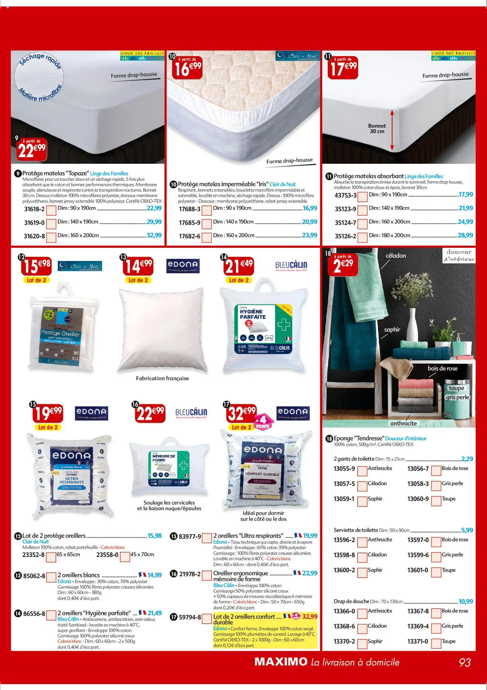 {H1} | Page: 93 | Produits: Bonnet, Eponge, Oreiller, Douche
