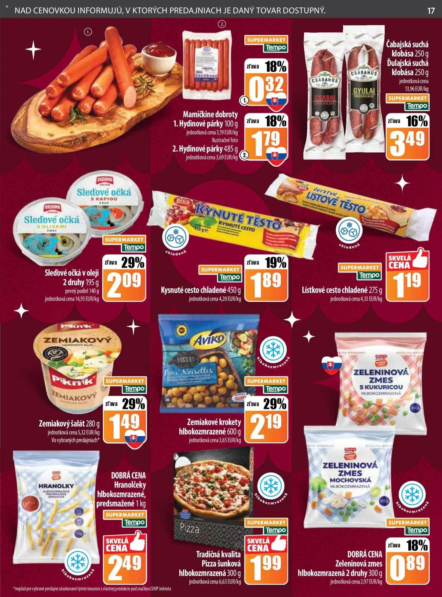 Nové COOP Jednota akcie – leták je platný od 18.12.2025 | Strana: 17 | Produkty: Pizza, Klobása, Šalát, Párky