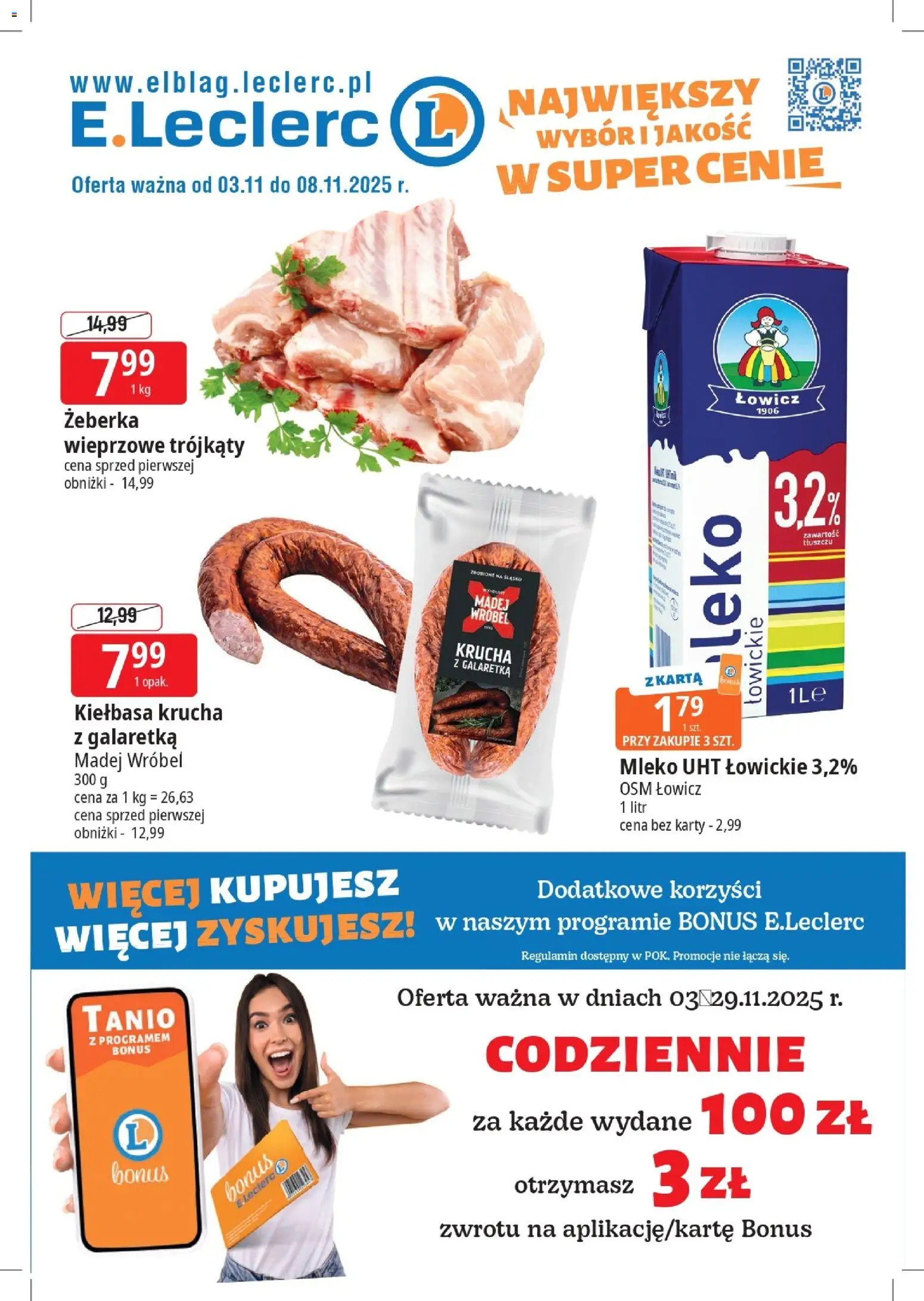 E.Leclerc Gazetka - Elbląg od 03.11.2025 | Strona: 1 | Produkty: Kiełbasa, Karta, Galaretka, Mleko
