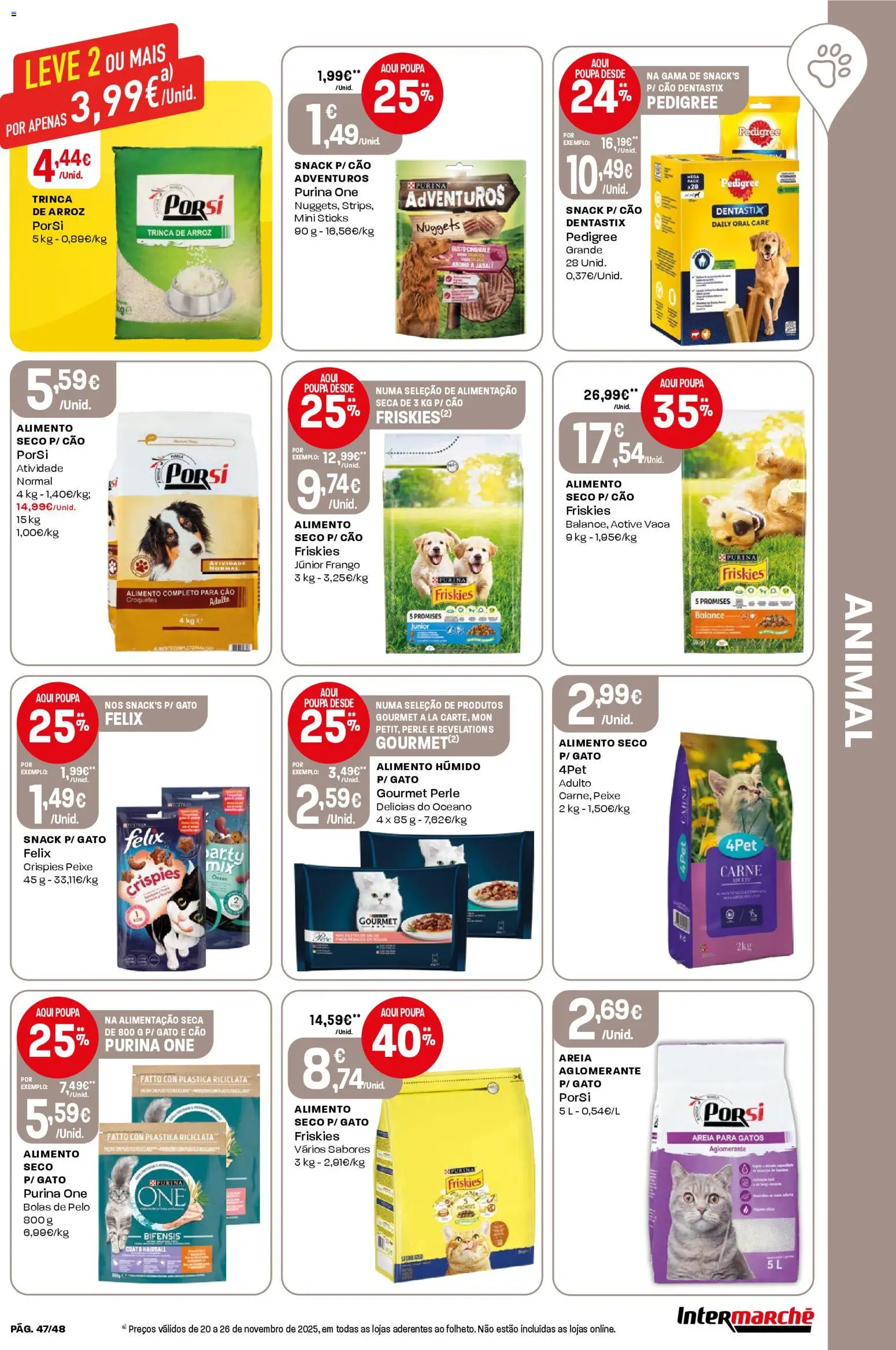 Intermarché folheto │ válido de 20.11.2025 | Página: 47 | Produtos: Purina one, Areia, Peixe, Nuggets