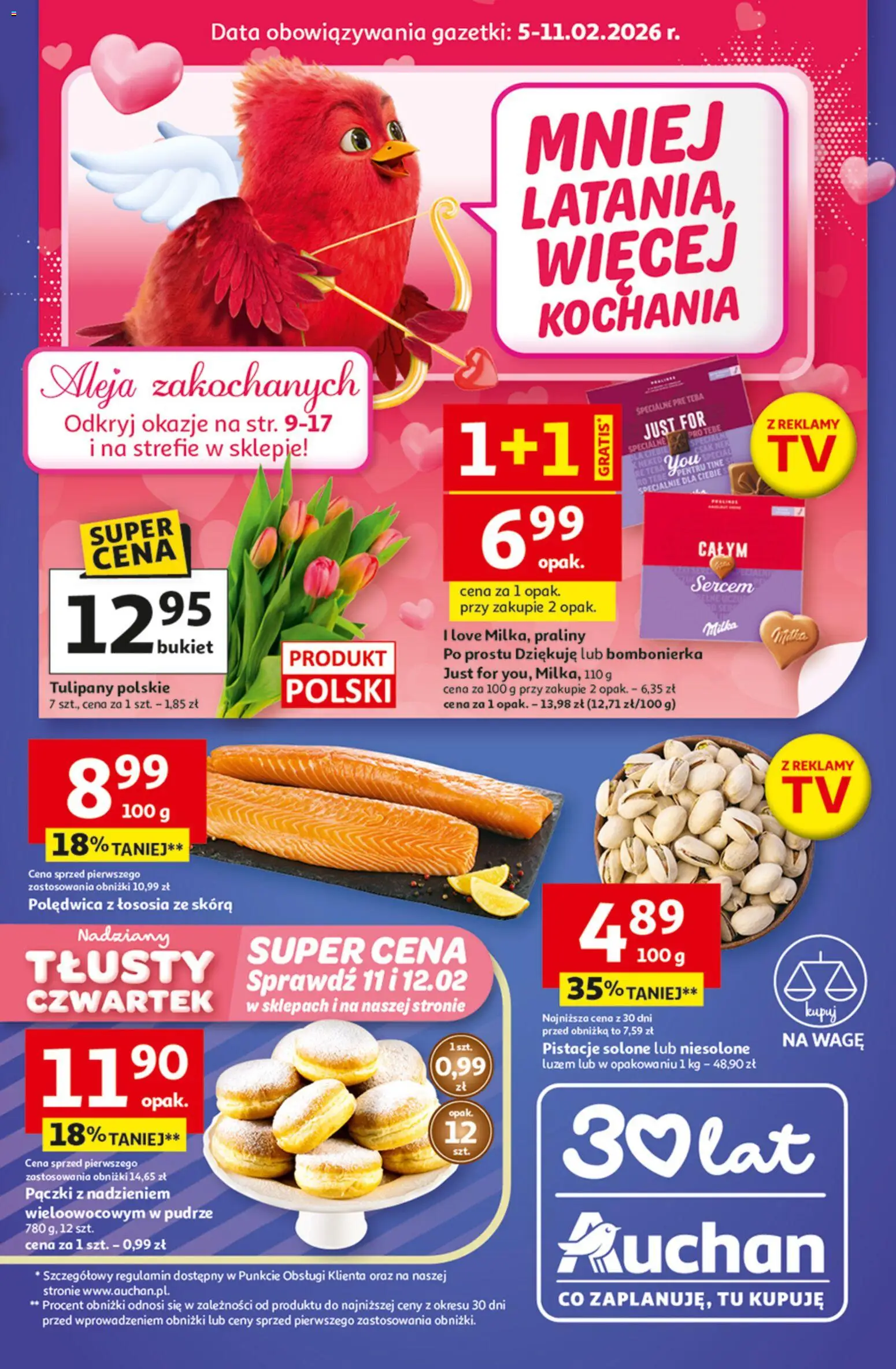 Auchan Gazetka - 30 Lat Hipermarket od 05.02.2026 | Strona: 1 | Produkty: Praliny, Pączki, Milka, Tulipany