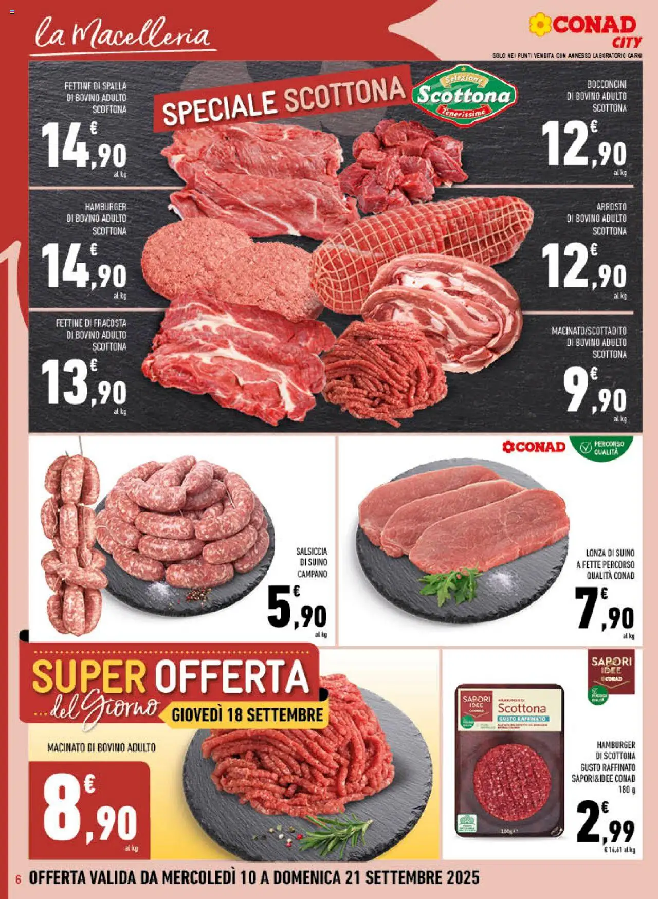 Volantino Conad del 10.09.2025 | Pagina: 6 | Prodotti: Bovino, Arrosto, Suino, Hamburger