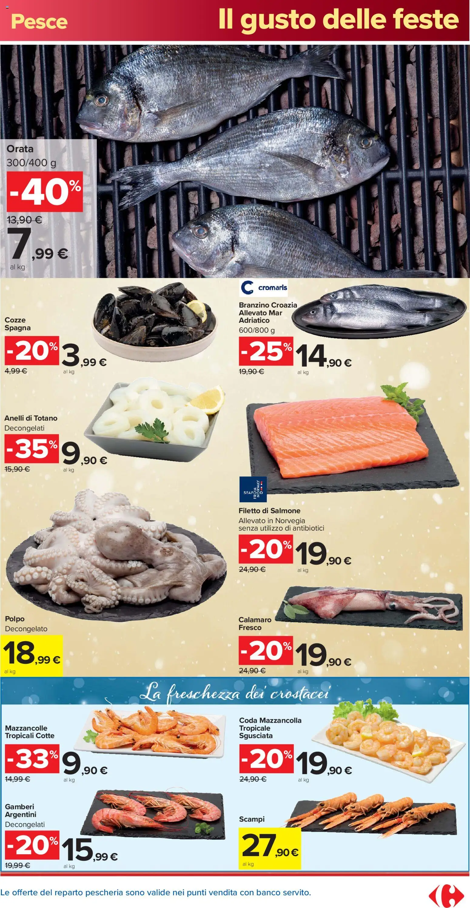 Volantino Carrefour del 16.12.2025 | Pagina: 15 | Prodotti: Salmone, Gamberi, Branzino, Totano