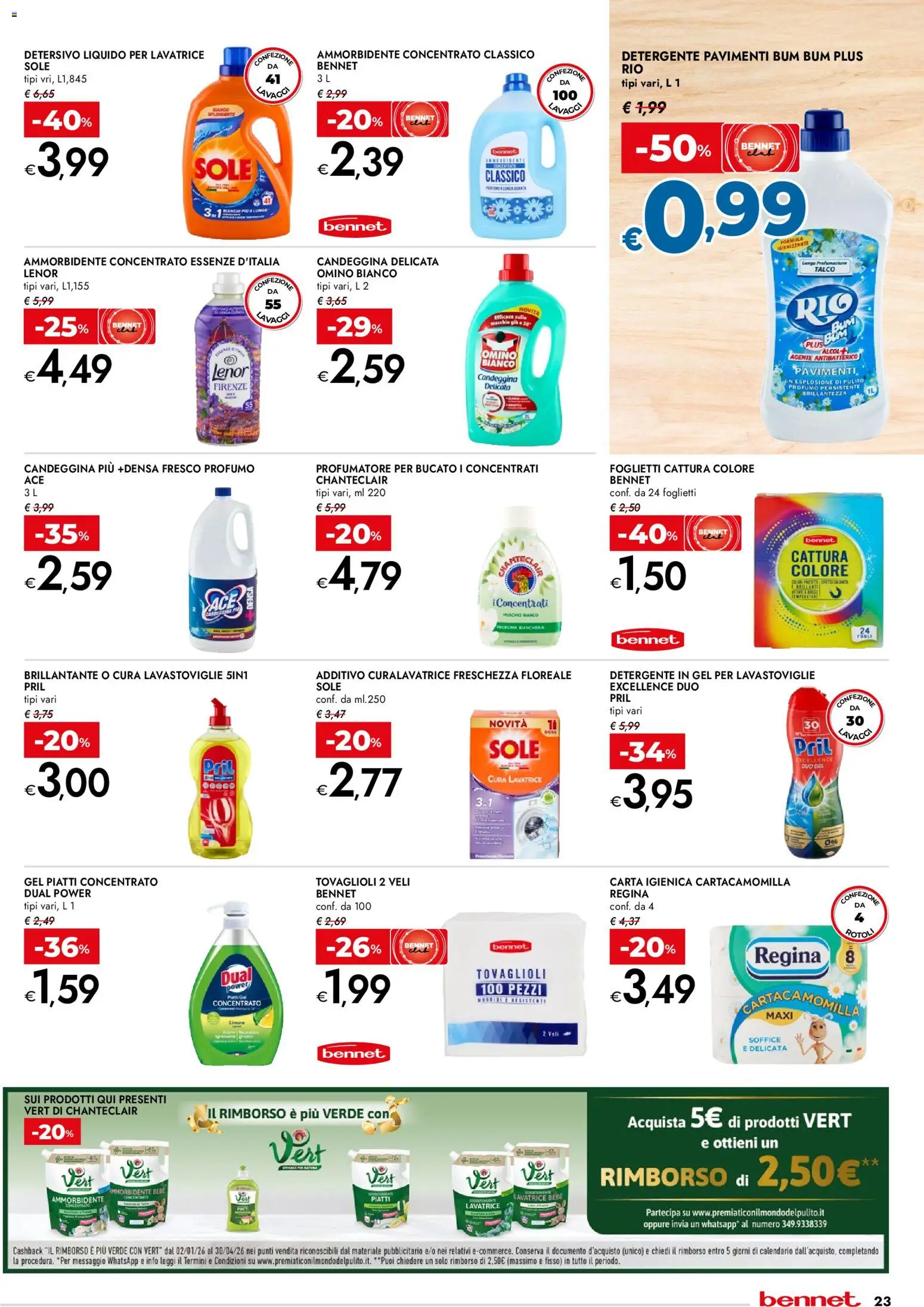 Volantino bennet del 02.01.2026 | Pagina: 23 | Prodotti: Carta igienica, Detergente, Lavatrice, Profumo