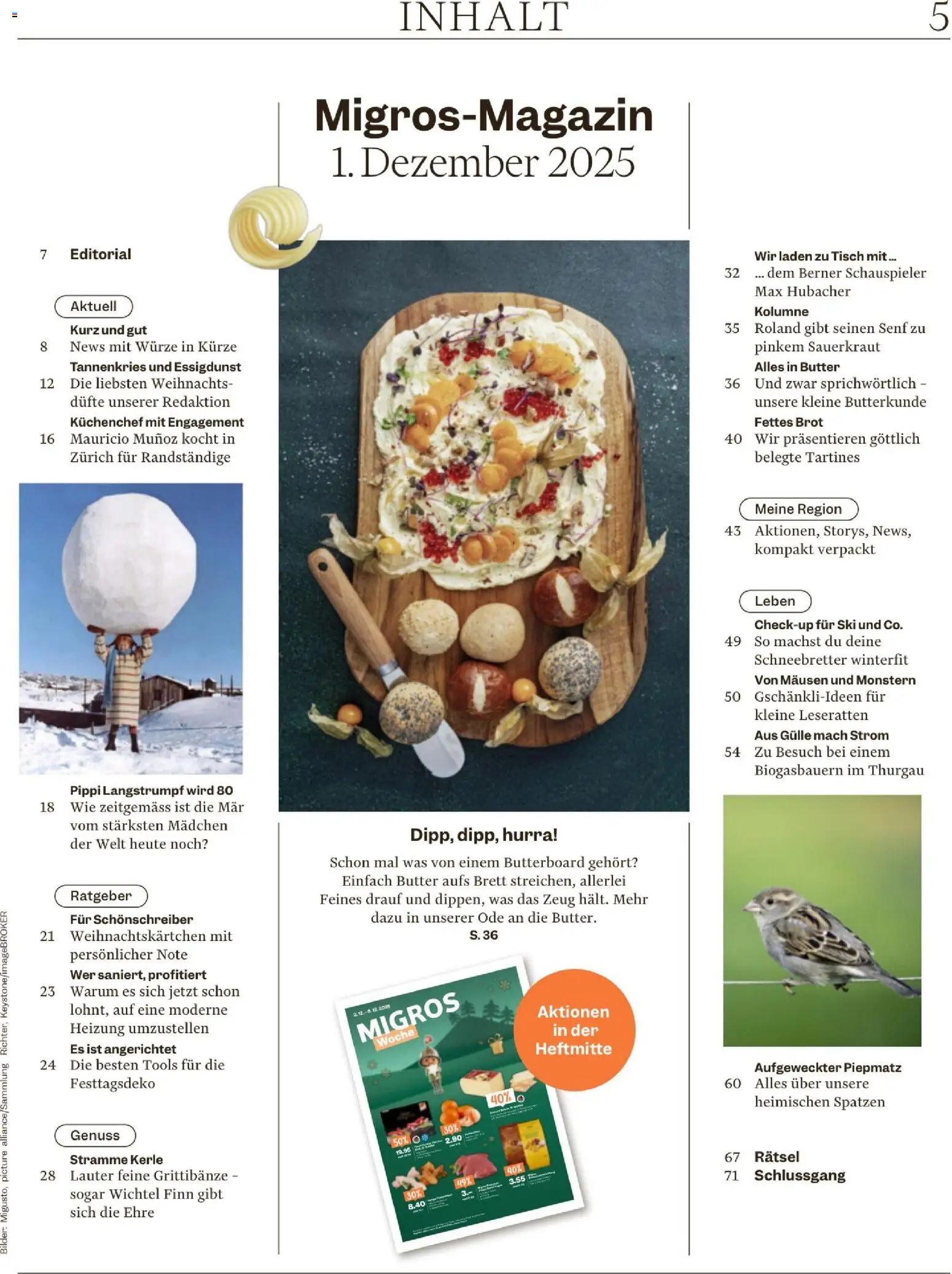 Migros Magazin – gültig ab 02.12.2025 | Seite: 5 | Produkte: Tisch, Ski, Brot, Bilder