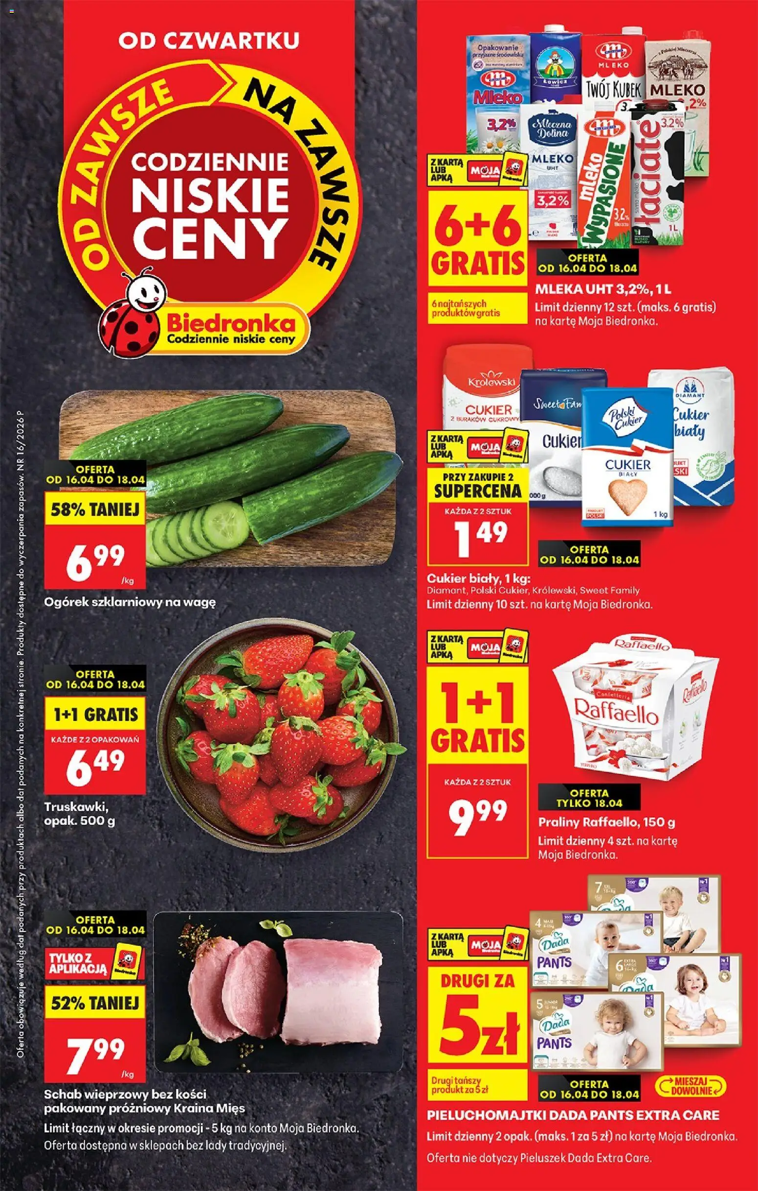 Biedronka gazetka od czwartku od 16.04.2026 | Strona: 1 | Produkty: Schab, Kraina mięs, Praliny, Ogórek szklarniowy