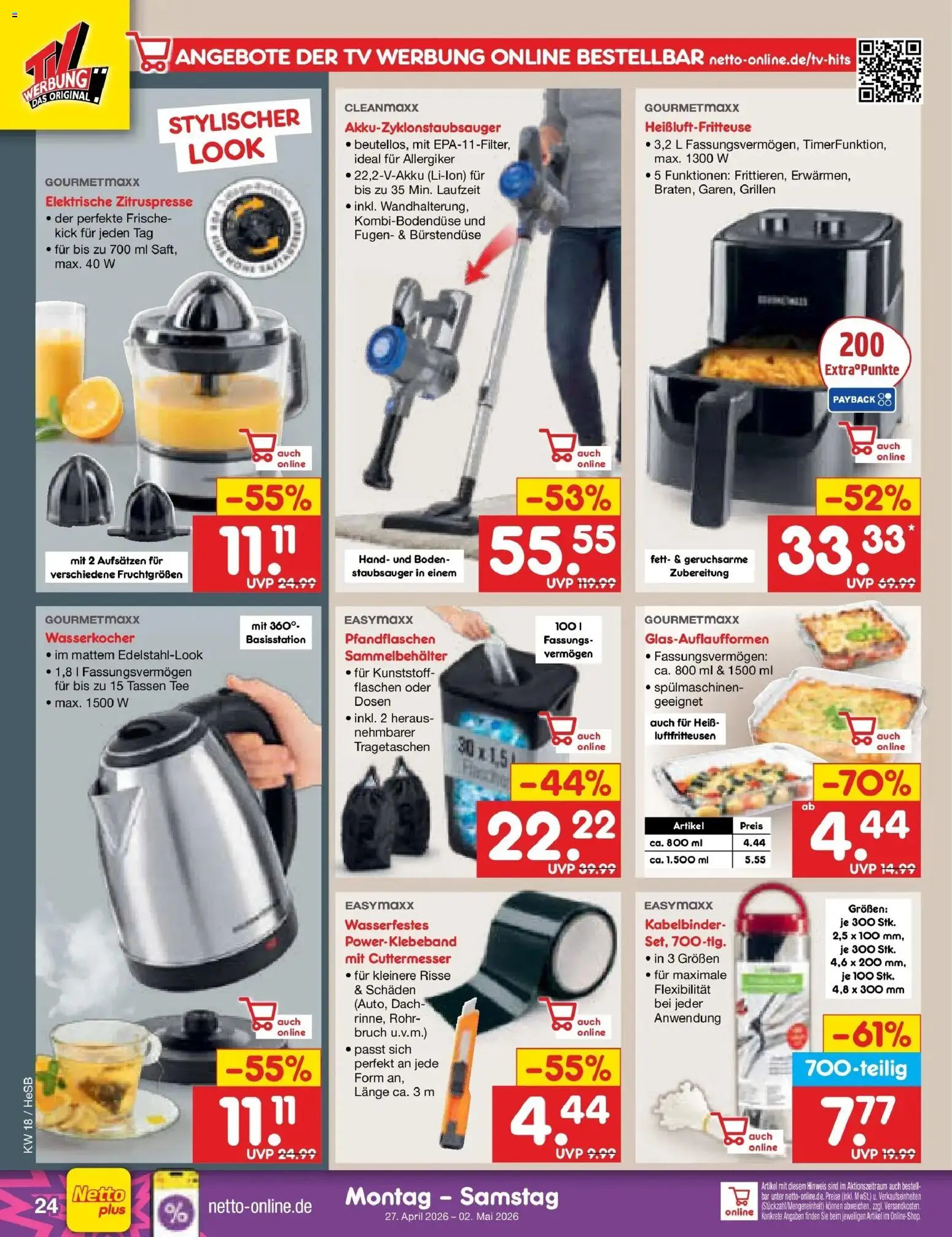 Netto Marken-Discount Prospekt Kröpelin	 – gültig ab 27.04.2026 | Seite: 32 | Produkte: Wasserkocher, Staubsauger, Heißluftfritteuse, TV