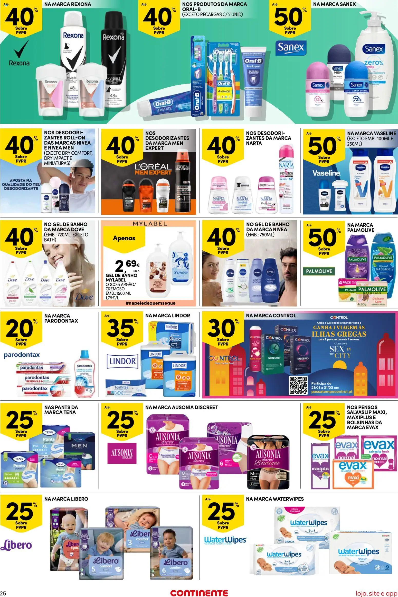 Continente Semanal Continente Bom Dia │ válido de 21.04.2026 | Página: 25 | Produtos: Fraldas, Gel de banho, Desodorizante, Banho