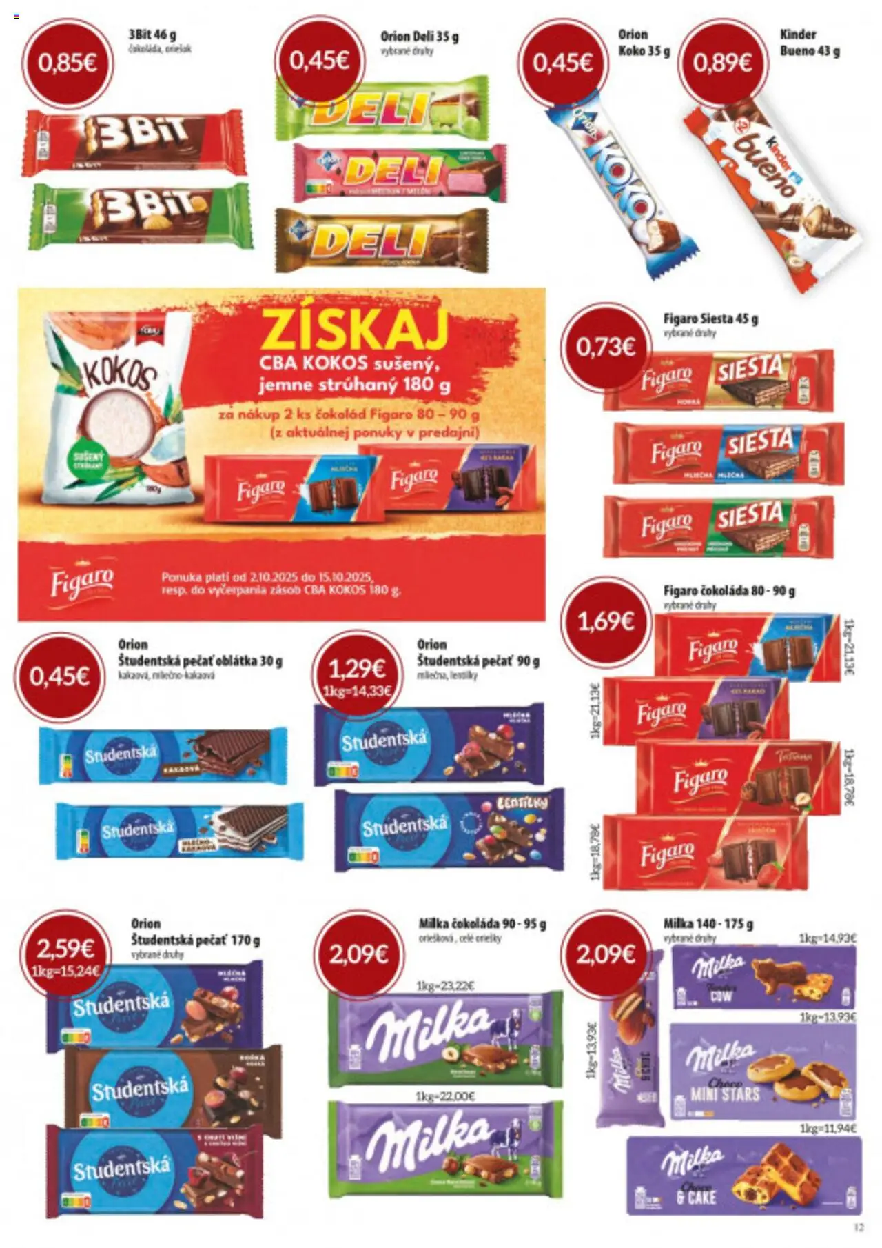 Nové CBA Verex akcie – leták je platný od 02.10.2025 | Strana: 12 | Produkty: Kinder, Čokoláda, Študentská pečať, Milka