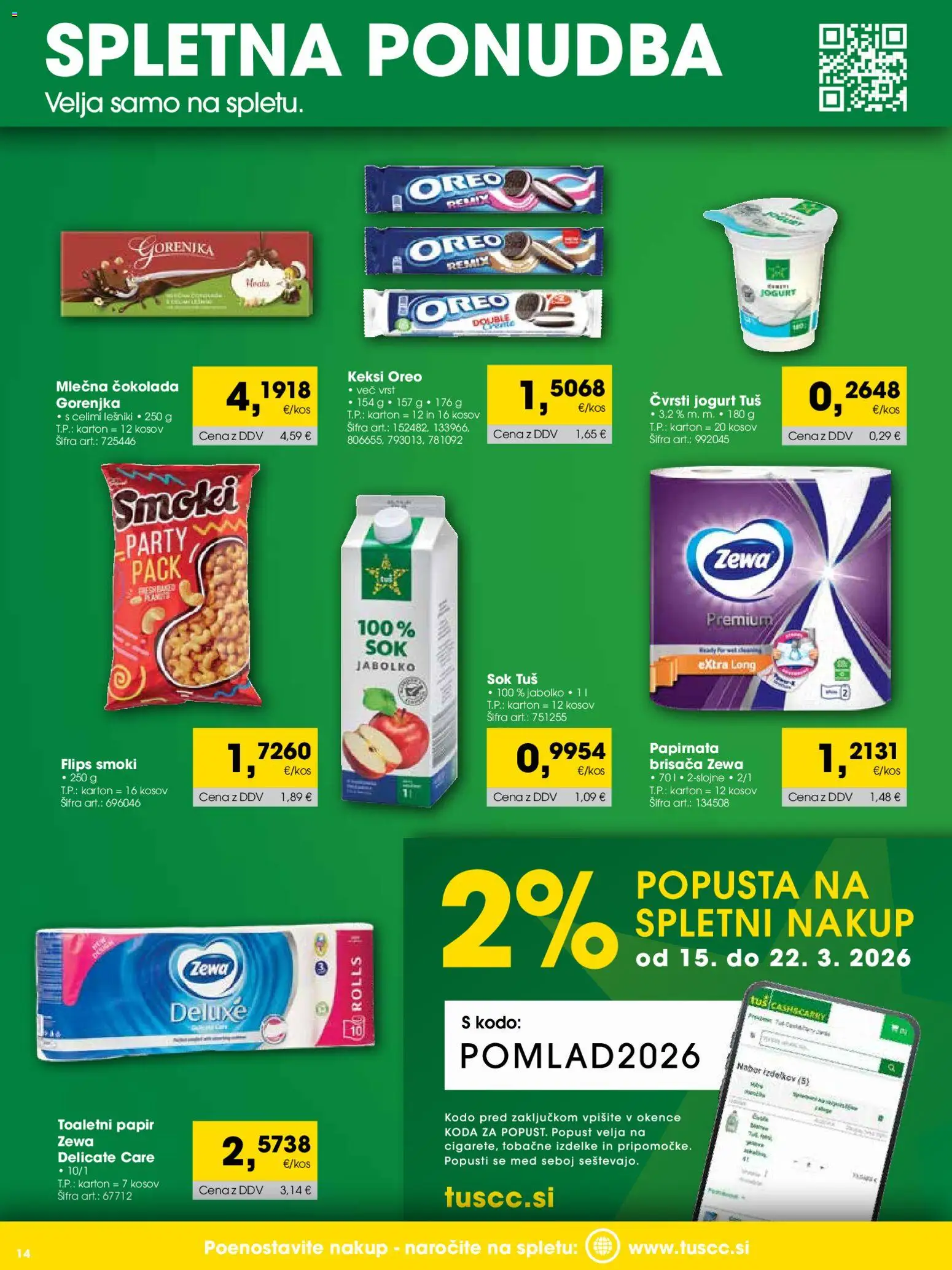 Novi Tuš katalog ponudbe – veljaven od 01.03.2026 | Stran: 14 | Izdelki: Keksi, Toaletni papir, Flips, Sok