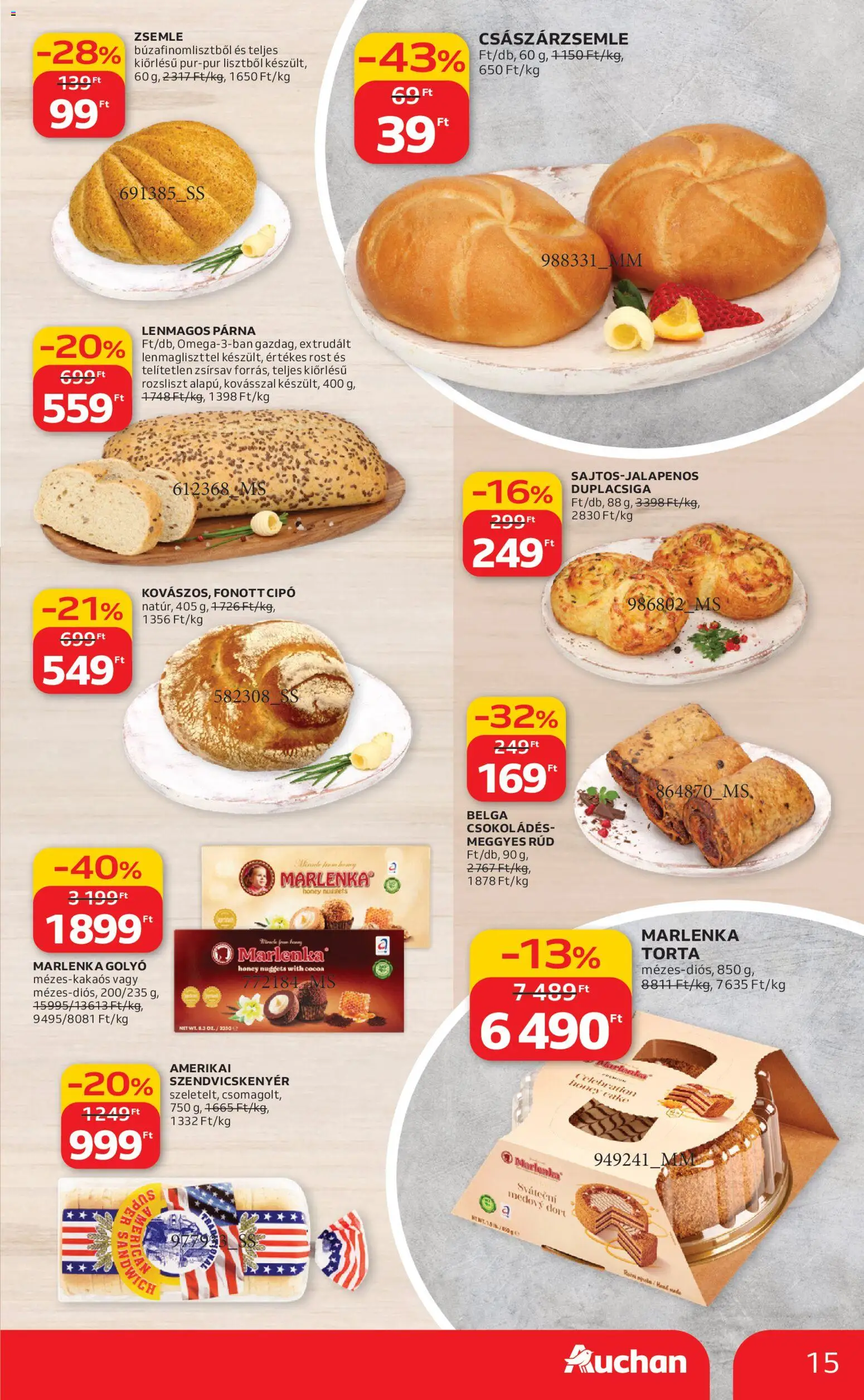 Auchan akciós ujság - amely érvényes a következő dátumtól: 19.02.2026 | Oldal: 15 | Termékek: Torta, Császárzsemle, Zsemle, Nuggets