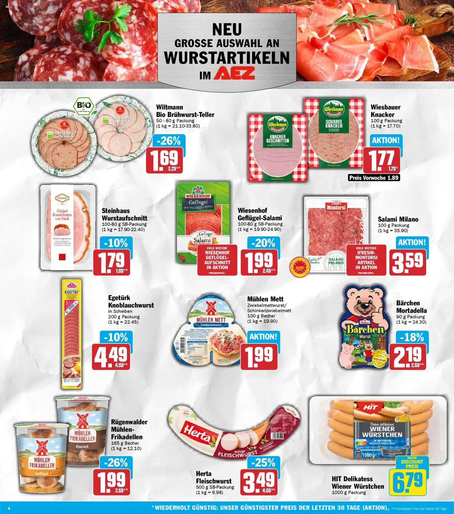 AEZ Prospekt 	 – gültig ab 16.03.2026 | Seite: 4 | Produkte: Wiener wurstchen, Krustenbraten, Wurst, Salami