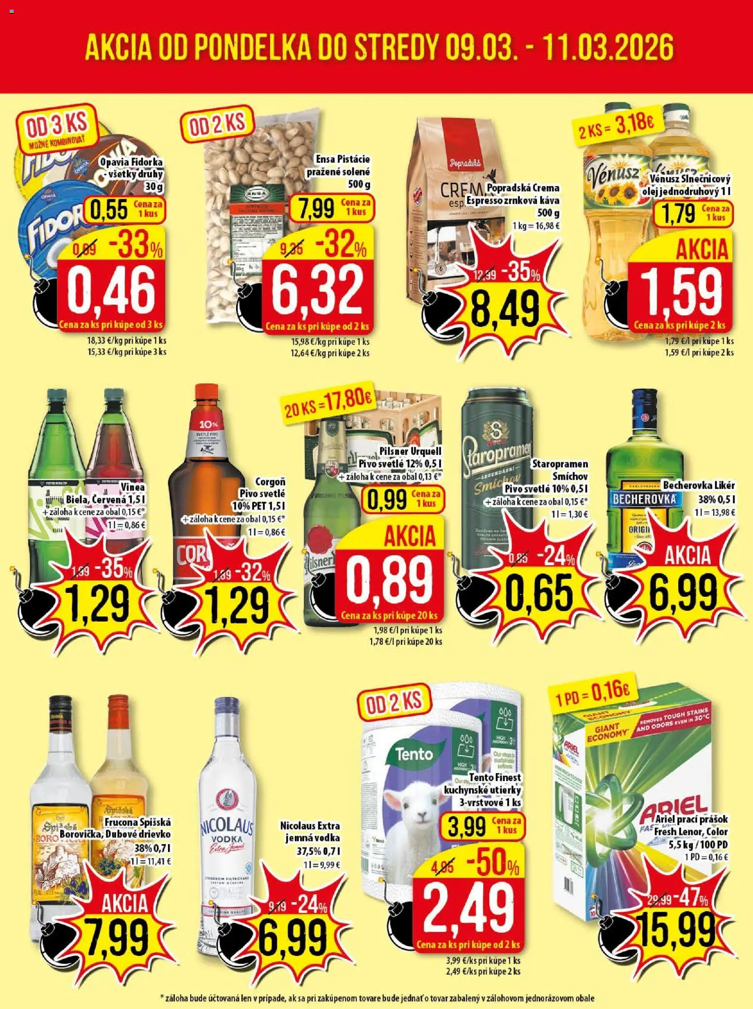 Nové Klas akcie – leták je platný od 09.03.2026 | Strana: 3 | Produkty: Pilsner Urquell, Vodka, Pistácie, Zrnková káva