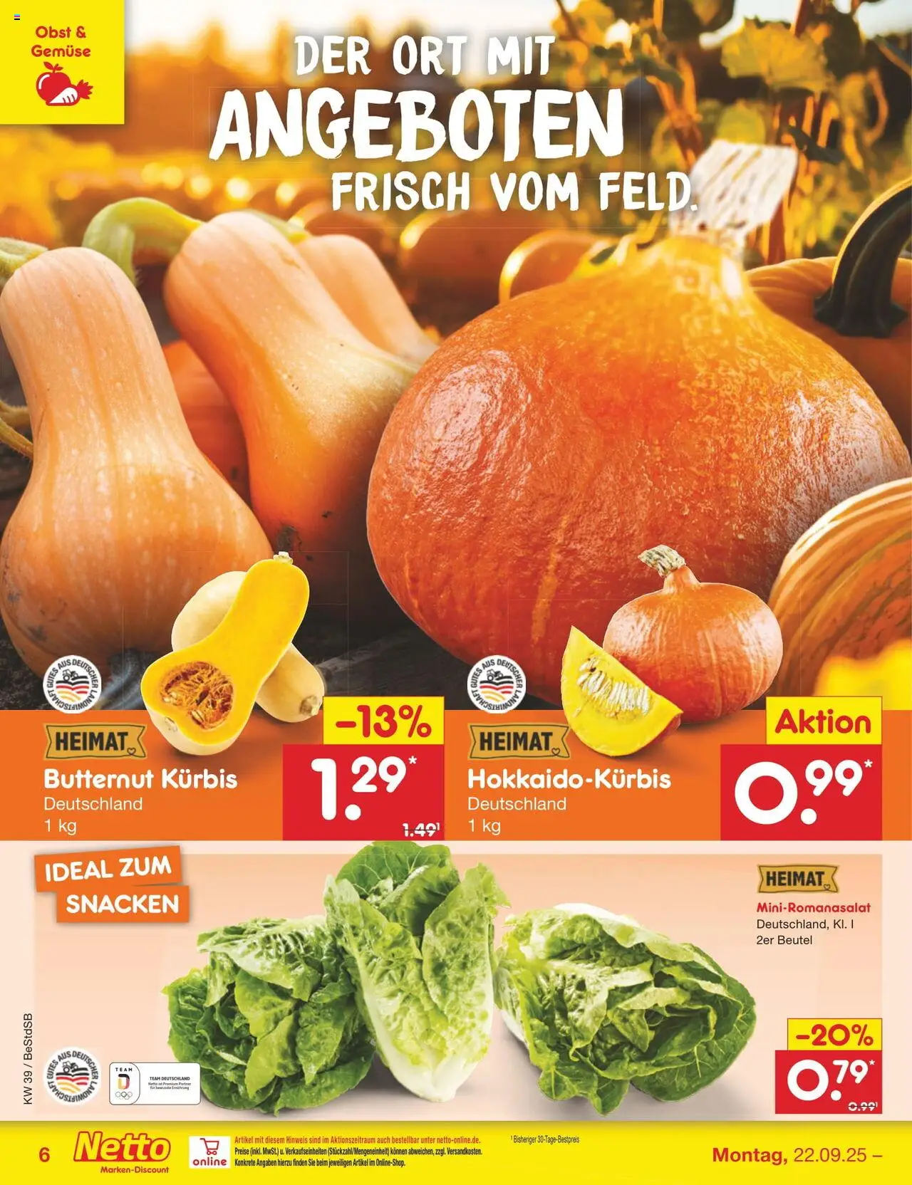 Netto Marken-Discount Prospekt 	 – gültig ab 22.09.2025 | Seite: 6 | Produkte: Gemüse, Obst, Kürbis