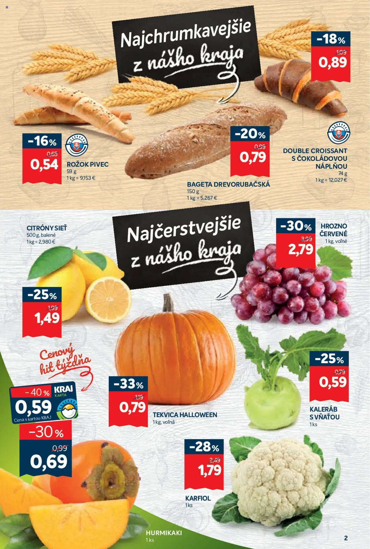 Nové Kraj akcie – leták je platný od 16.10.2025 | Strana: 2 | Produkty: Rožok, Croissant, Hurmikaki, Karfiol