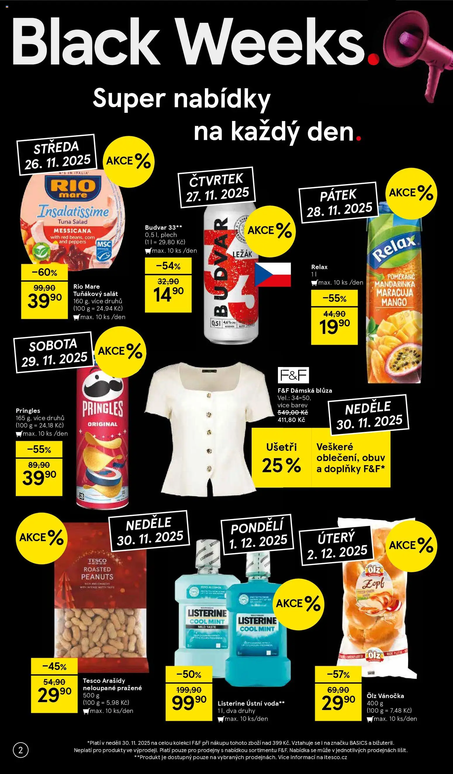 Tesco Black Friday od 26.11.2025 | Strana: 2 | Produkty: Ústní voda, F&F, Obuv, Vánočka