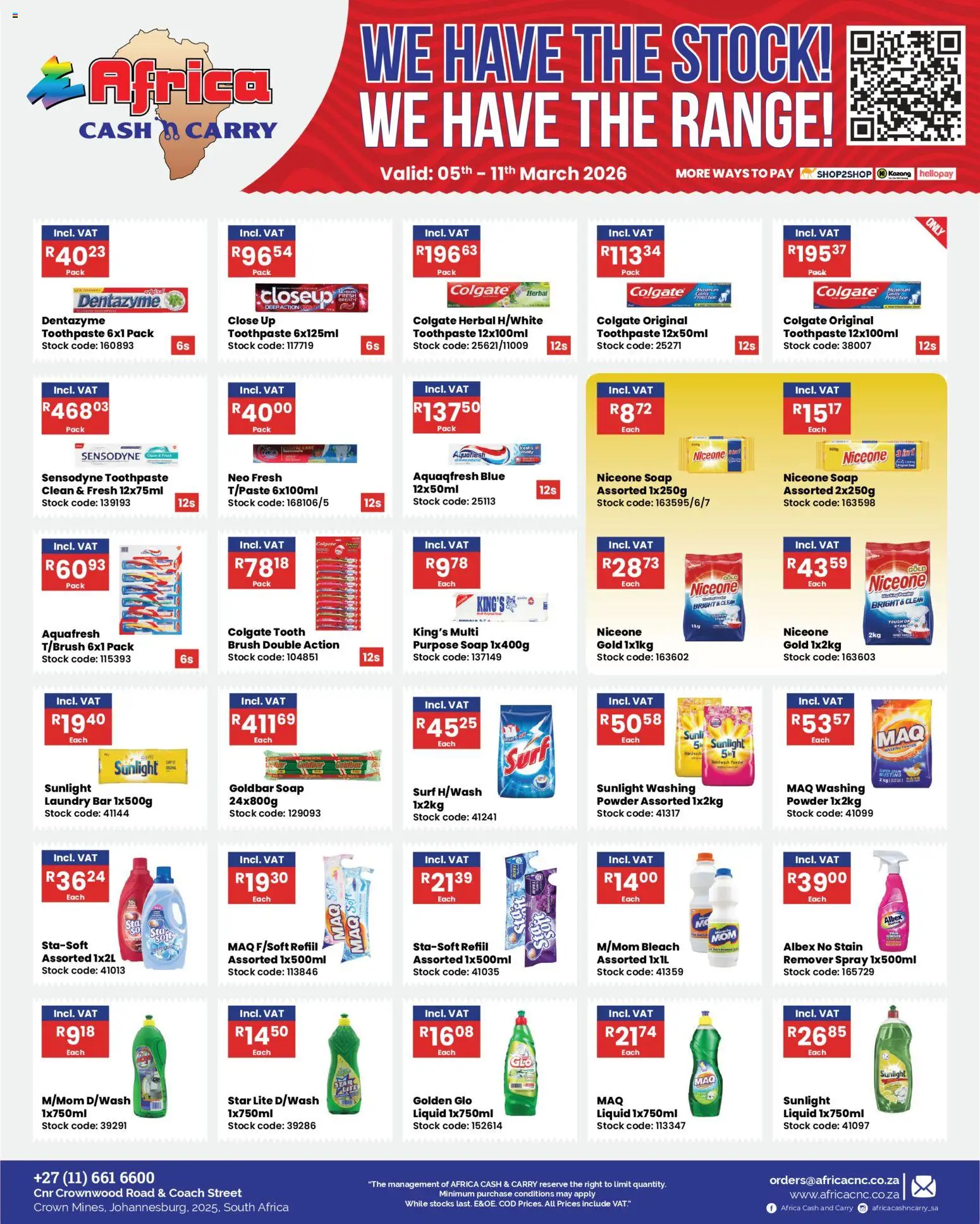 New Africa Cash & Carry catalogue – valid from 05.03.2026 | Page: 11 | Products: Powder, Brush, Soap, Toothpaste