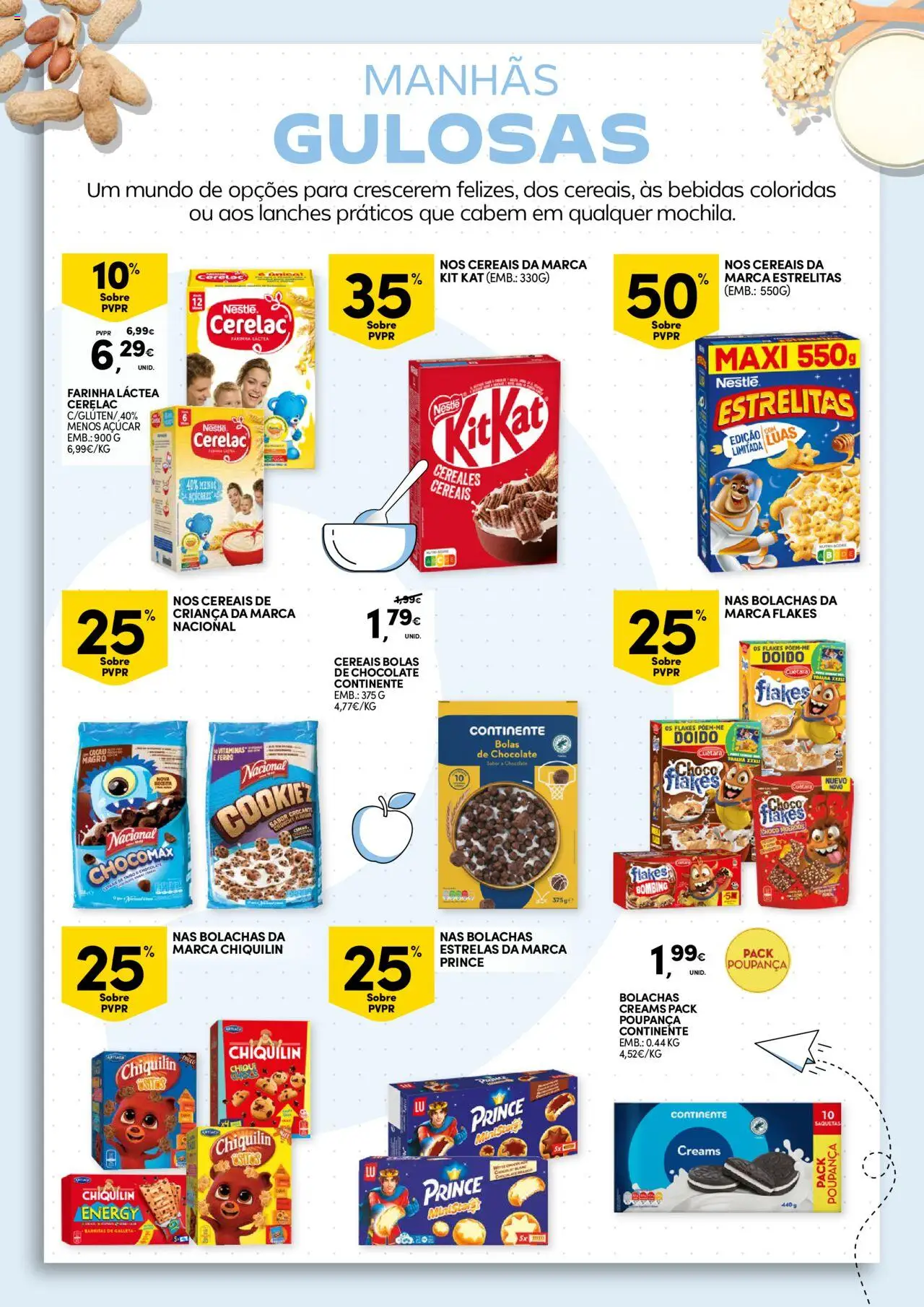 Continente Pequeno Almoço: Regressamos com energia │ válido de 19.08.2025 | Página: 8 | Produtos: Farinha láctea, Nestlé, Chocolate, Açúcar