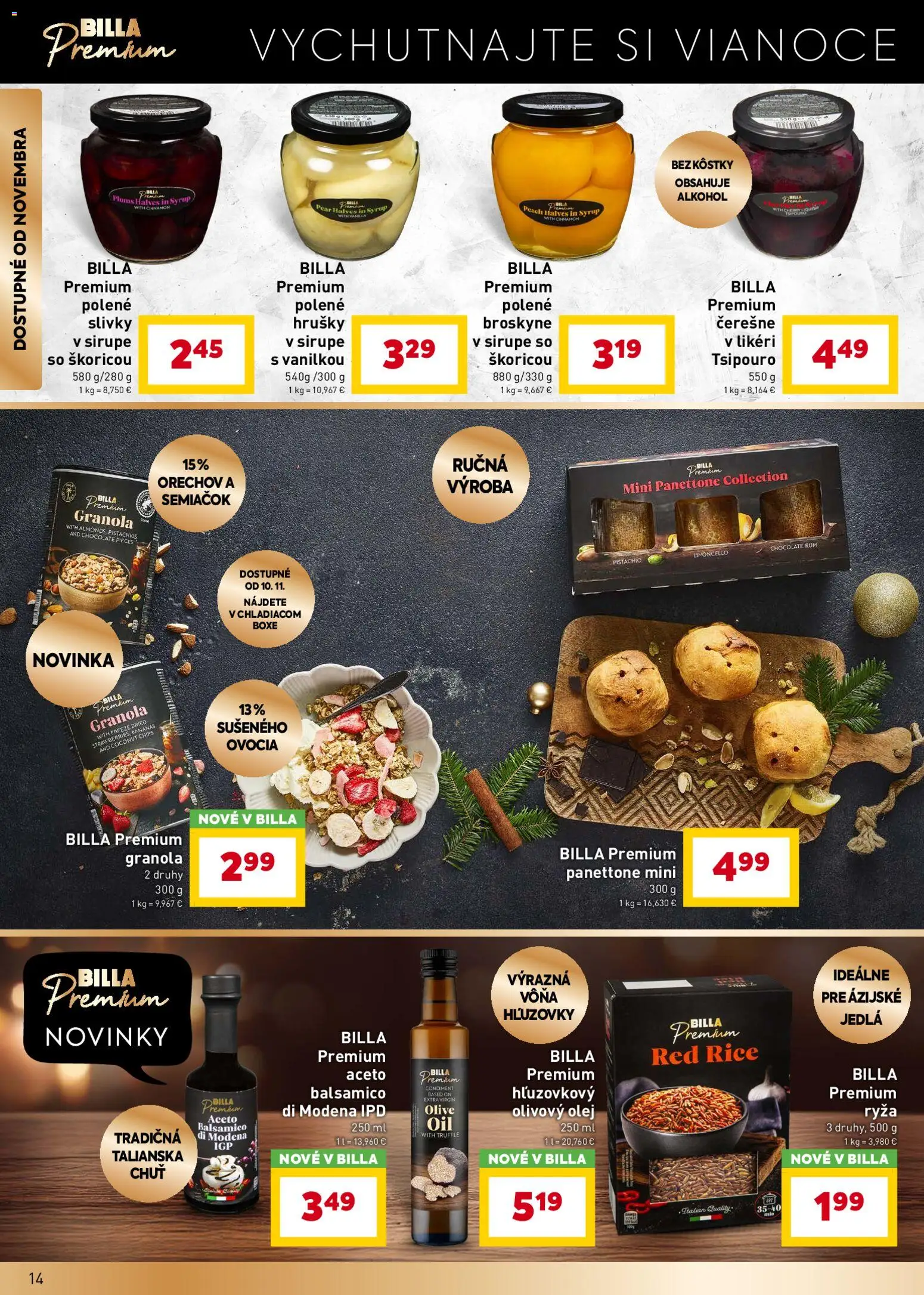 Nové Billa akcie – leták je platný od 29.10.2025 | Strana: 14 | Produkty: Olej, Hrušky, Slivky, Broskyne