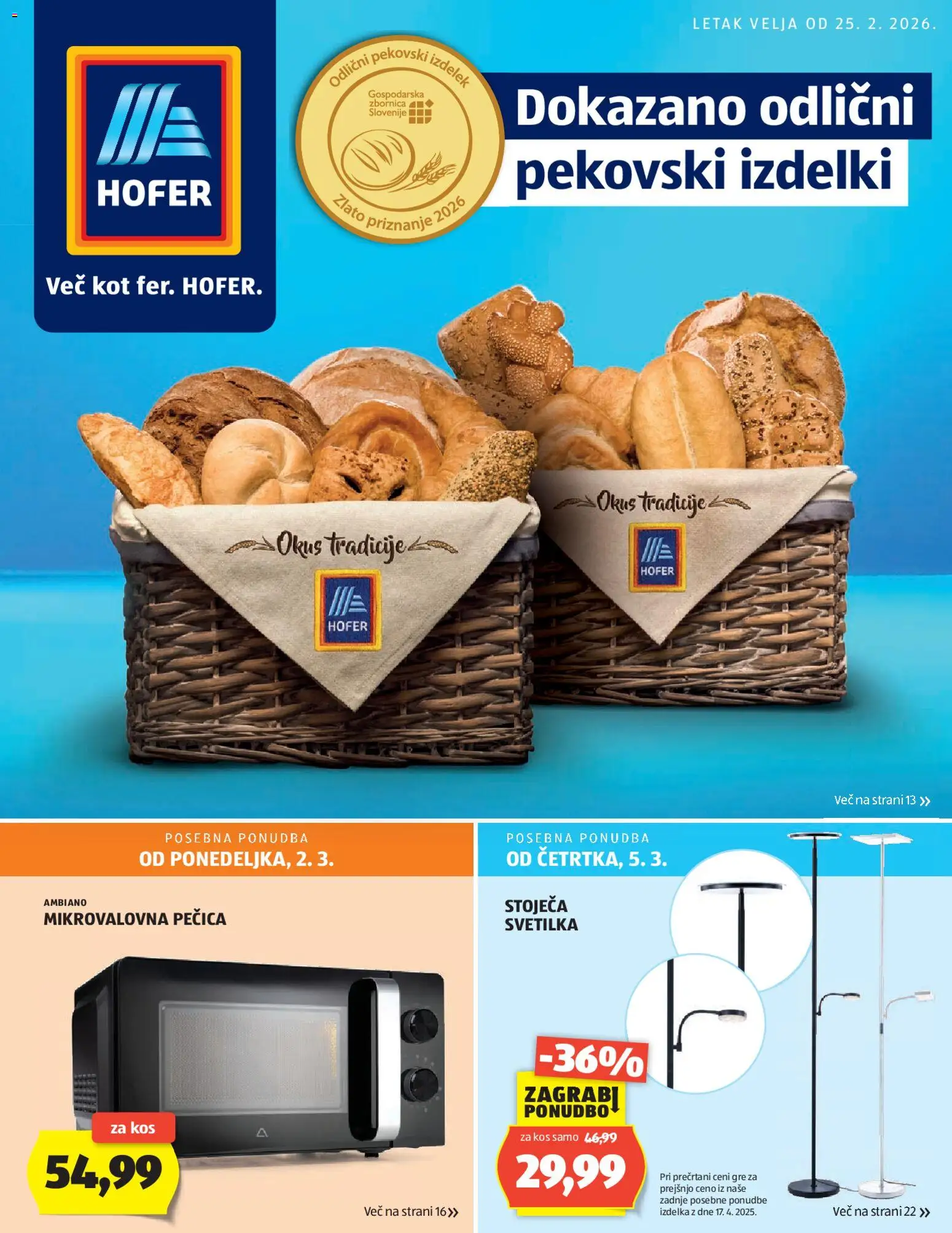 Novi Hofer katalog ponudbe – veljaven od 25.02.2026 | Stran: 1 | Izdelki: Pecica, Mikrovalovna pecica, Kos, Svetilka