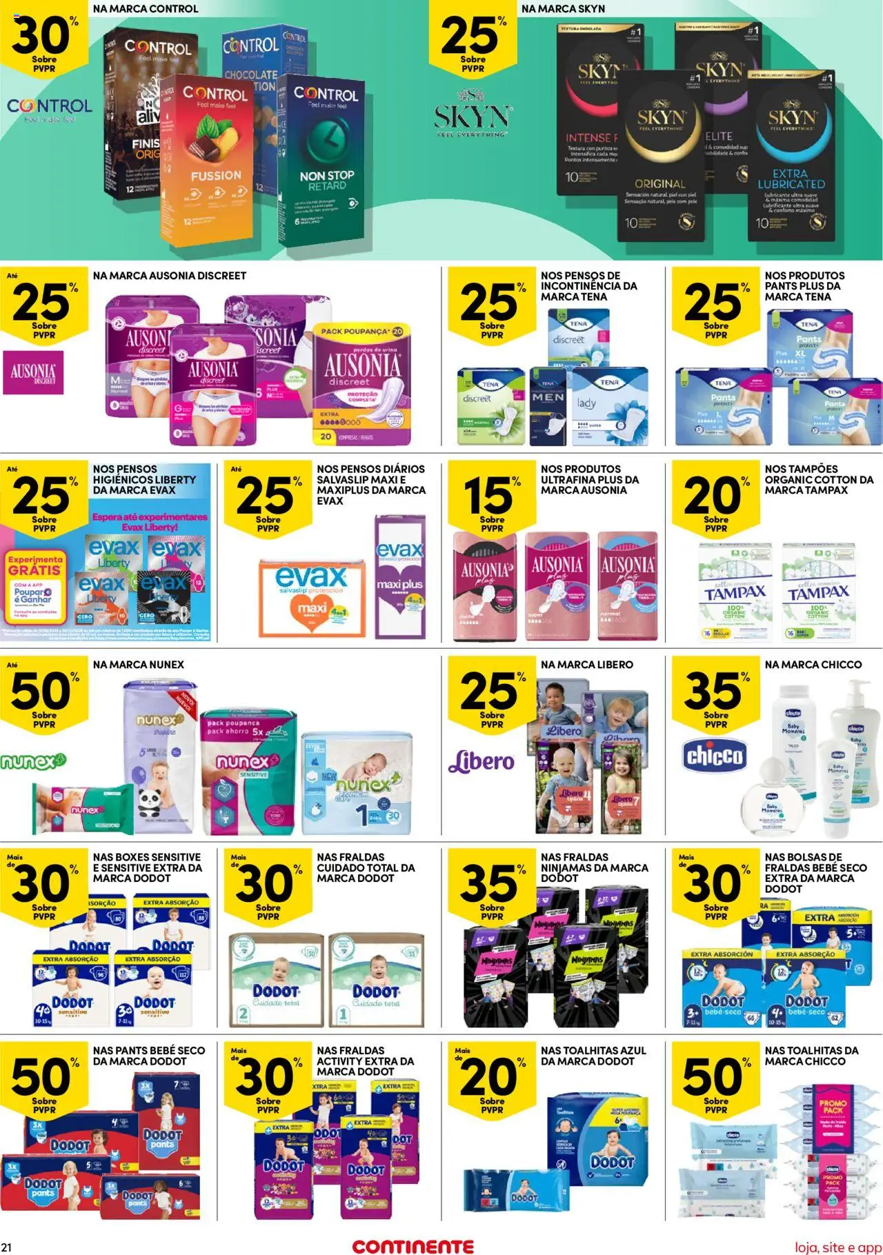 Continente Semanal Continente Bom Dia │ válido de 21.10.2025 | Página: 21 | Produtos: Pensos higiénicos, Fraldas, Preservativos, Chocolate