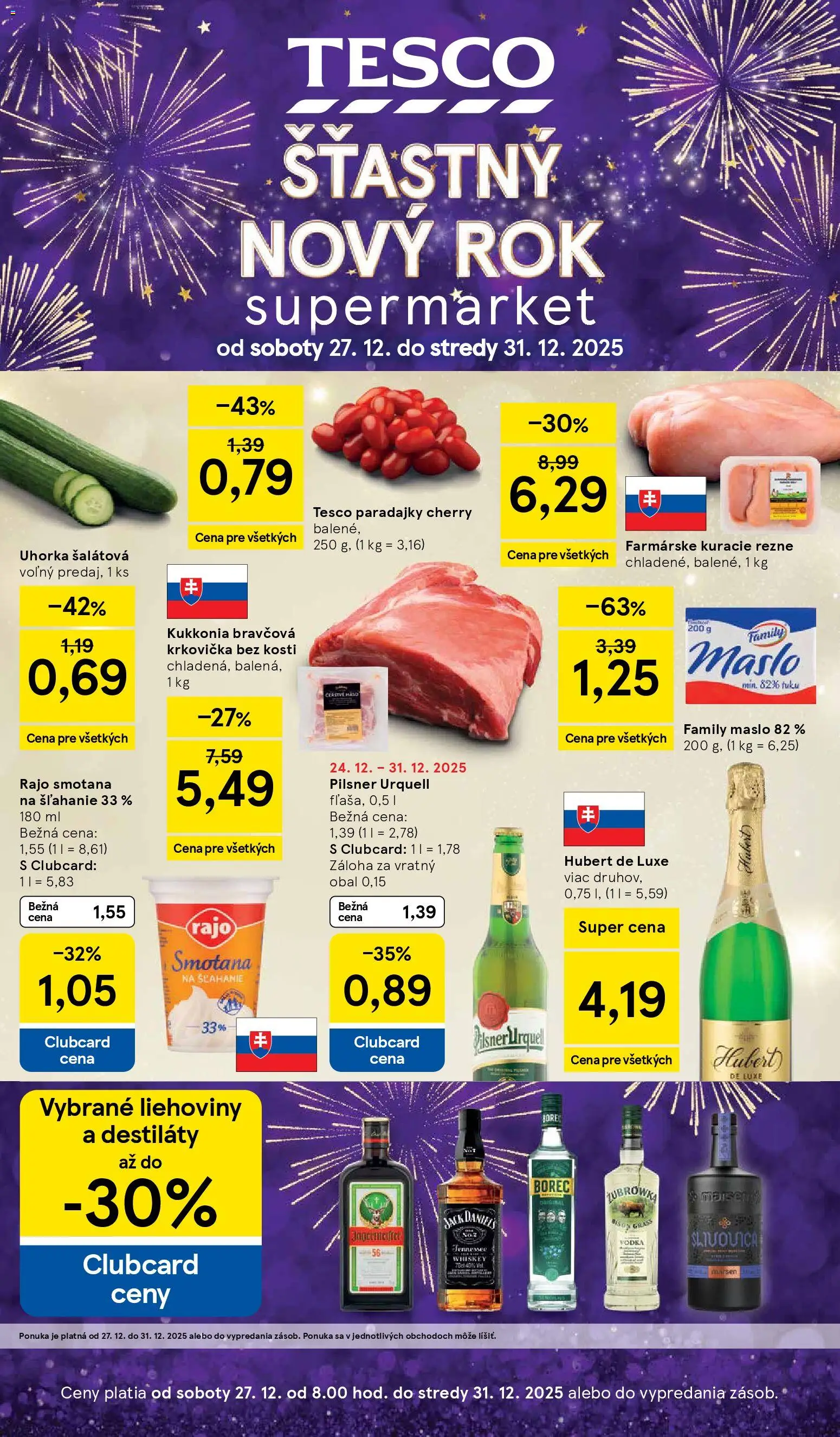 Nové Tesco akcie – leták je platný od 27.12.2025 | Strana: 1 | Produkty: Paradajky, Brandy, Smotana na šľahanie, Hubert de Luxe