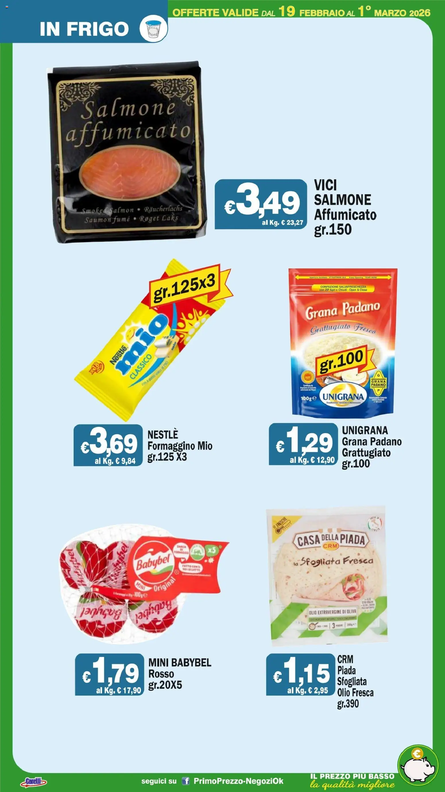 Volantino Primo Prezzo del 19.02.2026 | Pagina: 45 | Prodotti: Salmone affumicato, Salmone, Olio, Grana Padano