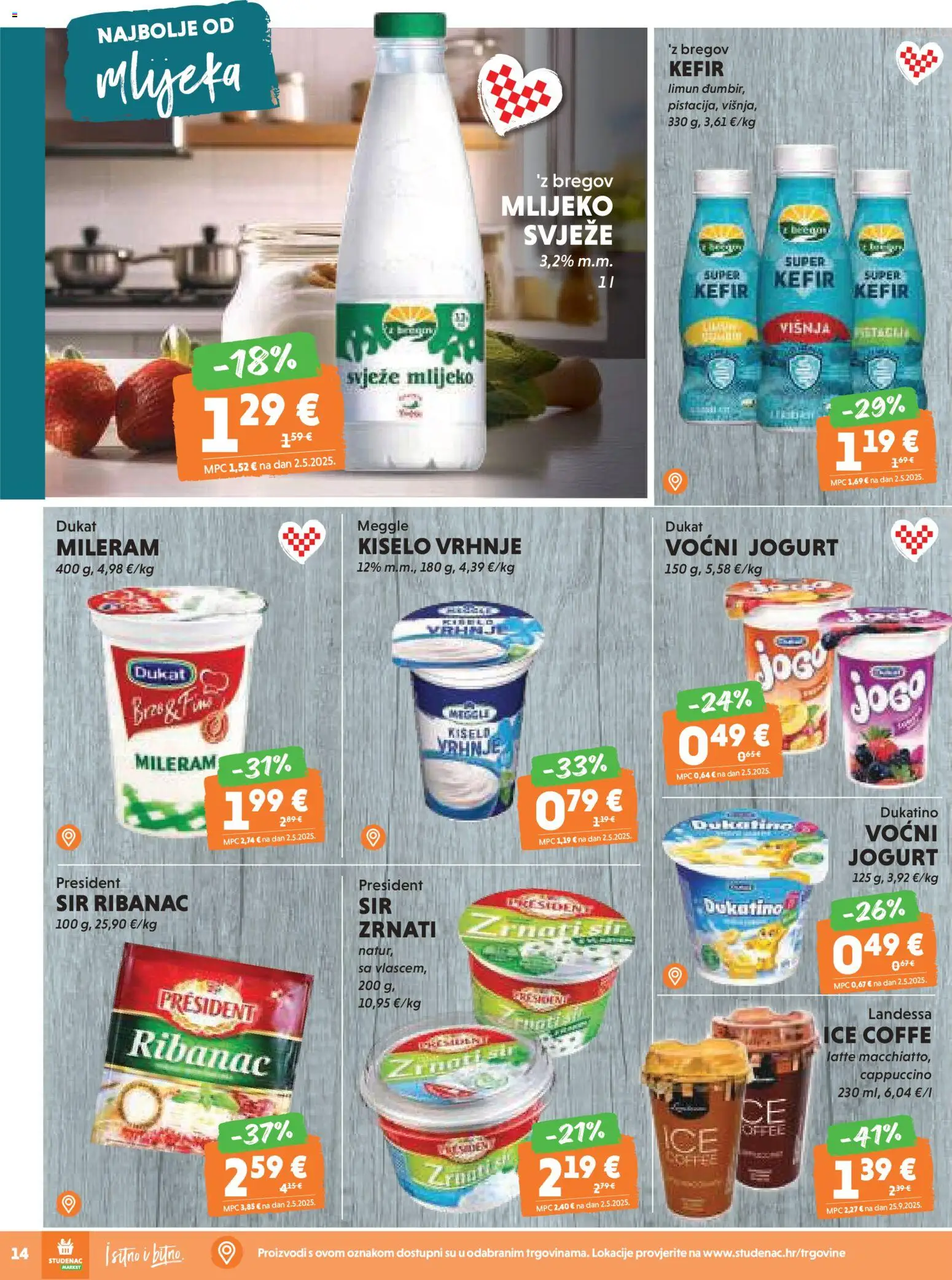 Studenac katalog | vrijedi od 05.11.2025 | Stranica: 14 | Proizvodi: Sir, Jogurt, Voćni jogurt, Mileram