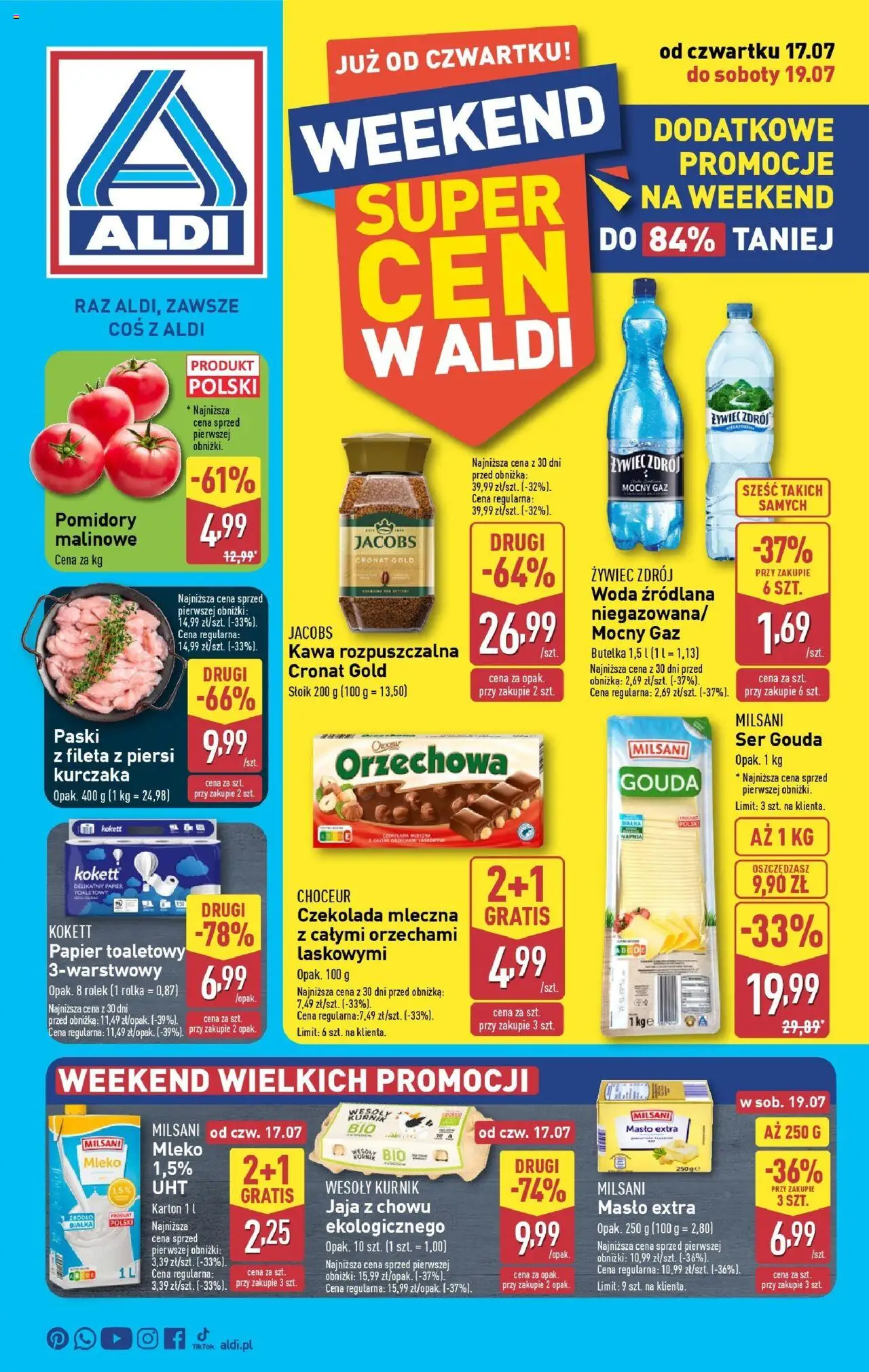 Aldi Gazetka - Okazje na weekend od 17.07.2025 | Strona: 1 | Produkty: Piersi, Papier toaletowy, Kawa, Jaja
