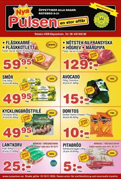 Nya Pulsen - erbjudanden - Förhandsvisning av reklamblad från butik Nya Pulsen aktuell från 10.11.2025 | Sida: 1 | Produkter: Avocado, Galler, Smör, Bröd