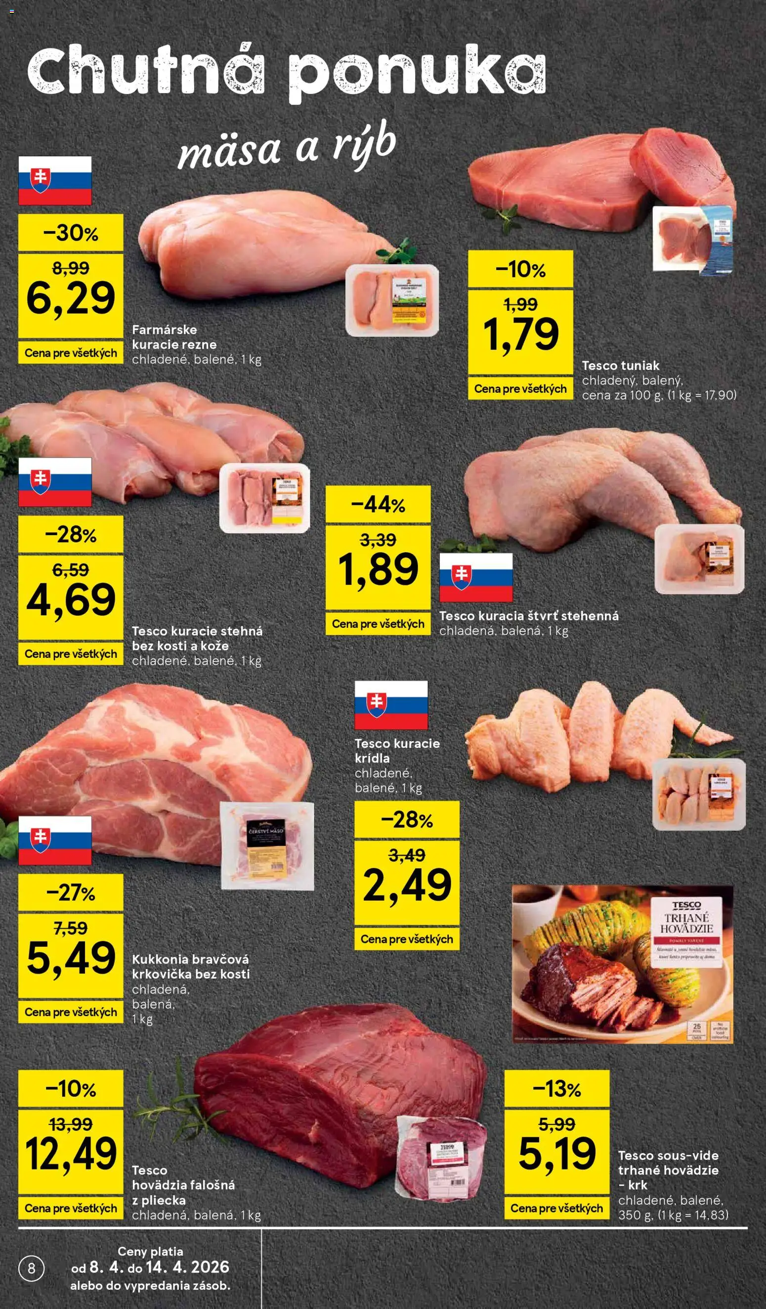 Nové Tesco akcie – leták je platný od 08.04.2026 | Strana: 8 | Produkty: Bravčová krkovička, Kuracie rezne, Kuracie stehná, Kuracie krídla