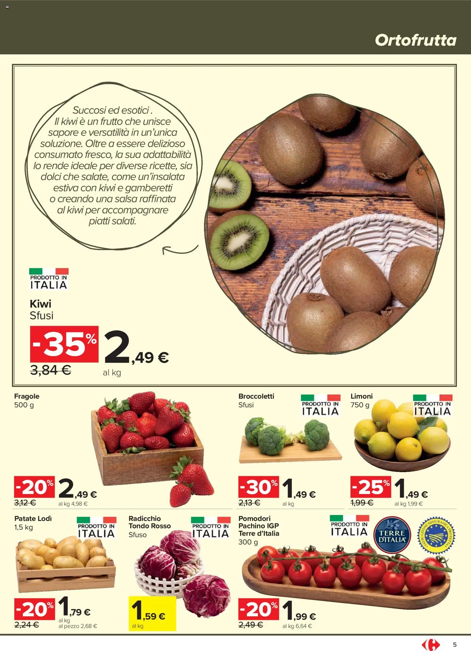 Volantino Carrefour del 13.03.2026 | Pagina: 5 | Prodotti: Fragole, Kiwi, Patate, Broccoletti
