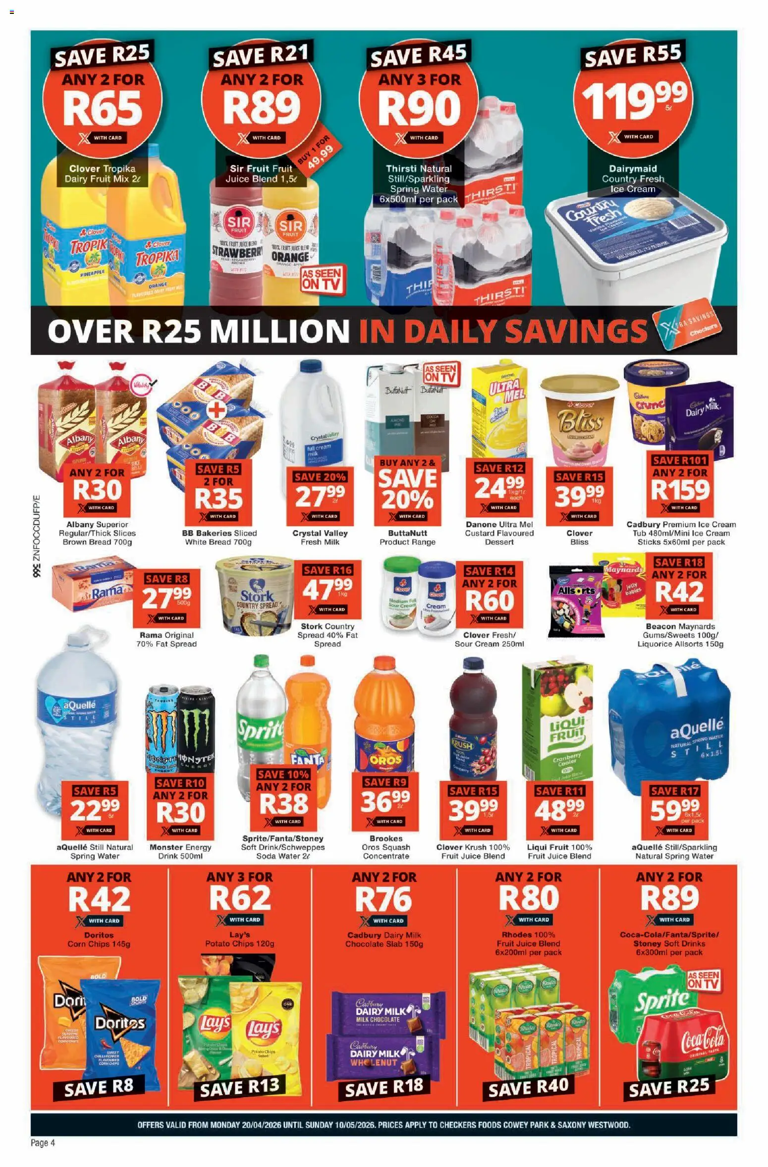 New Checkers catalogue – valid from 20.04.2026 | Page: 4 | Products: Corn, Cooler, Bread, Water