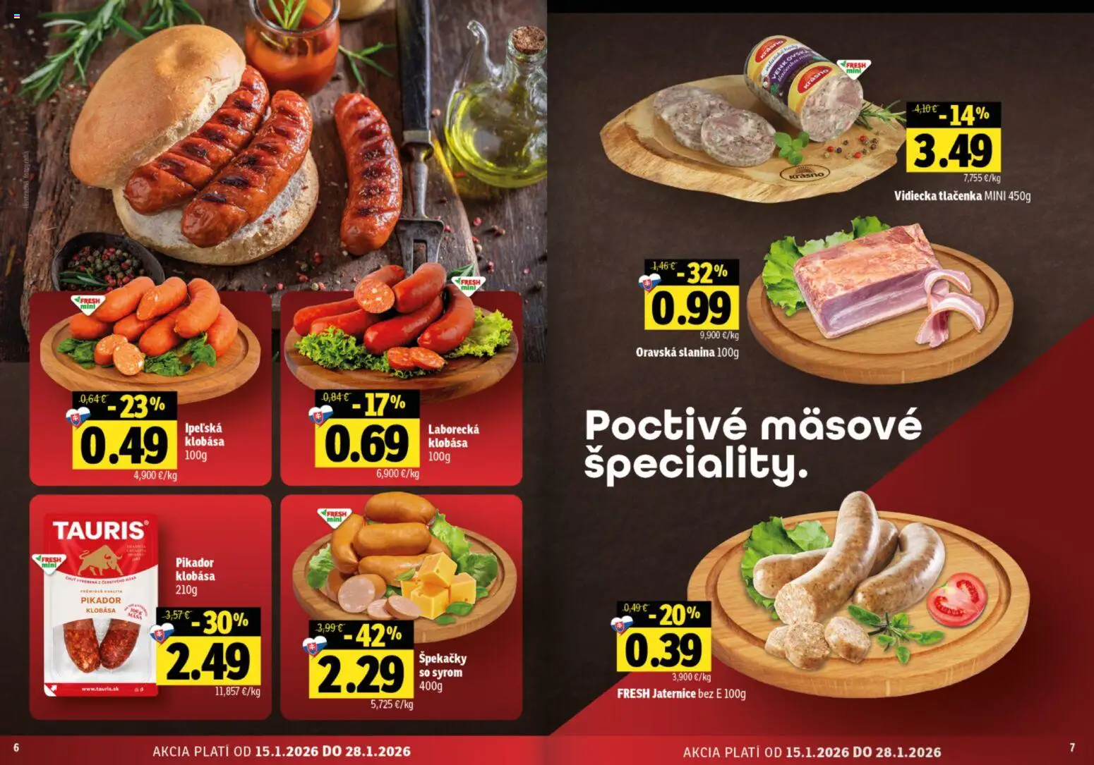 Nové Fresh akcie – leták je platný od 15.01.2026 | Strana: 4 | Produkty: Slanina, Klobása