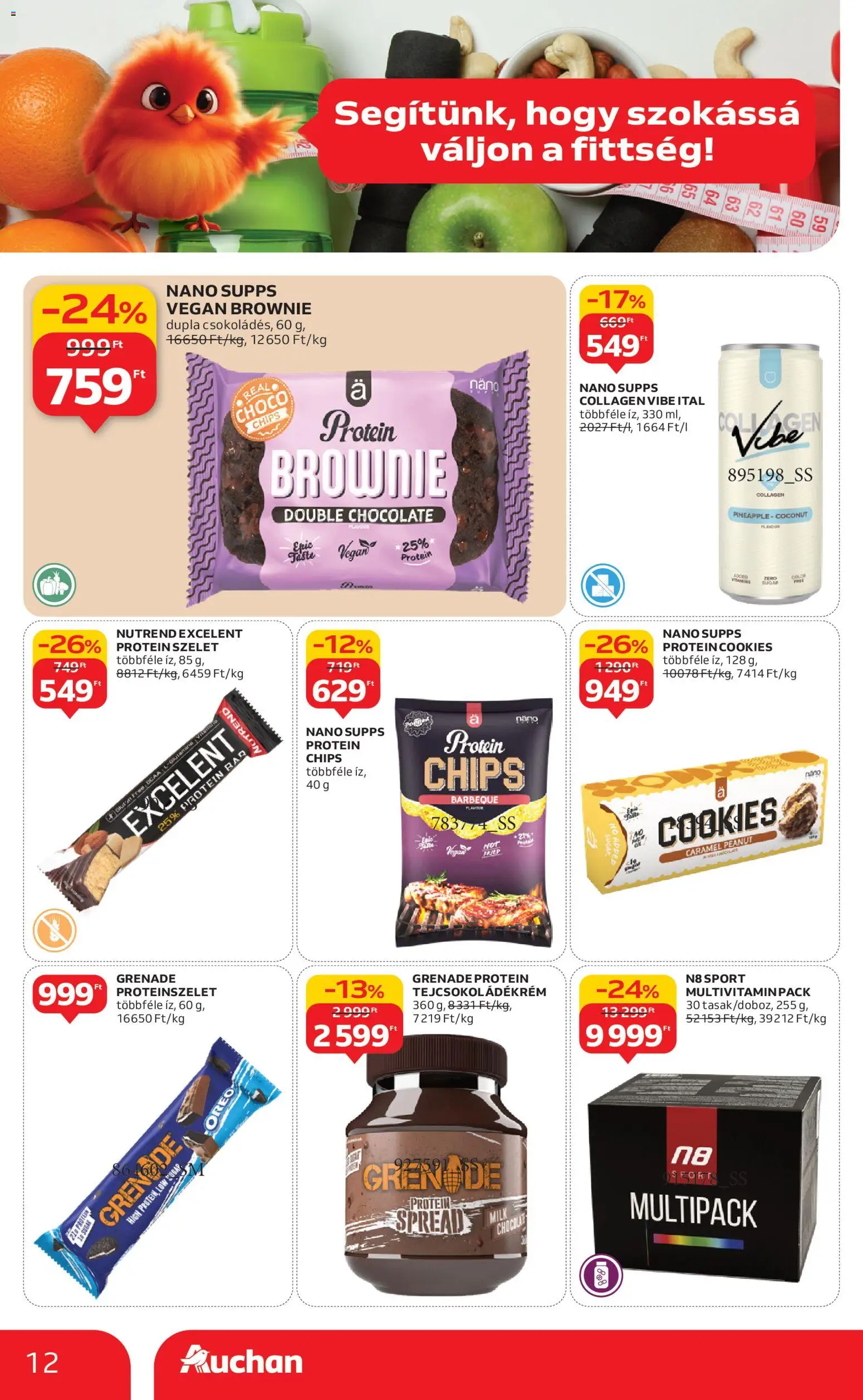 Auchan akciós ujság - amely érvényes a következő dátumtól: 15.01.2026 | Oldal: 12 | Termékek: Protein bar, Chips, Vegán, Brownie