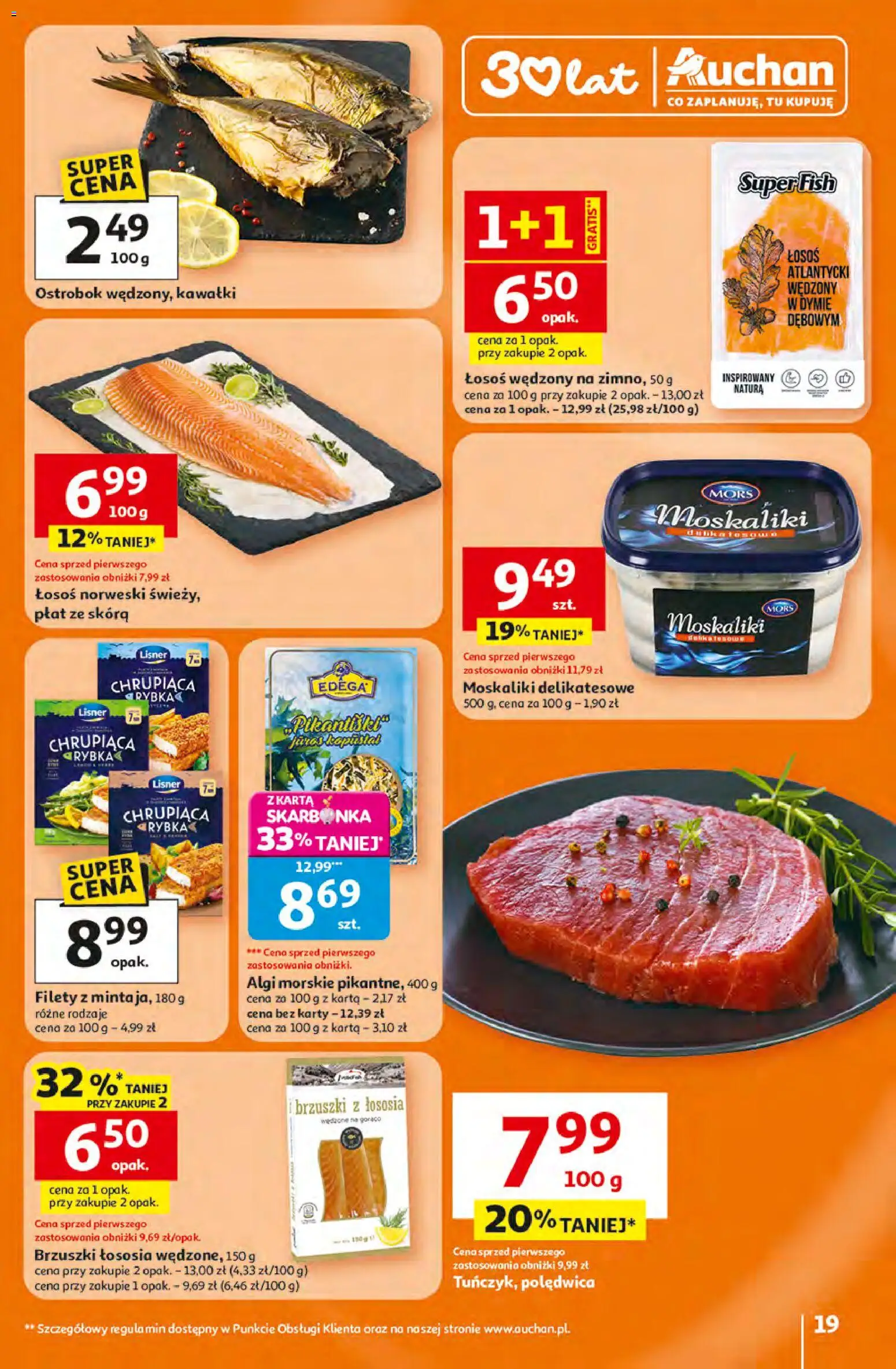 Auchan gazetka - 30 Lat Hipermarket od 16.04.2026 | Strona: 19 | Produkty: Karta, Łosoś, Łosoś norweski, Brzuszki z łososia
