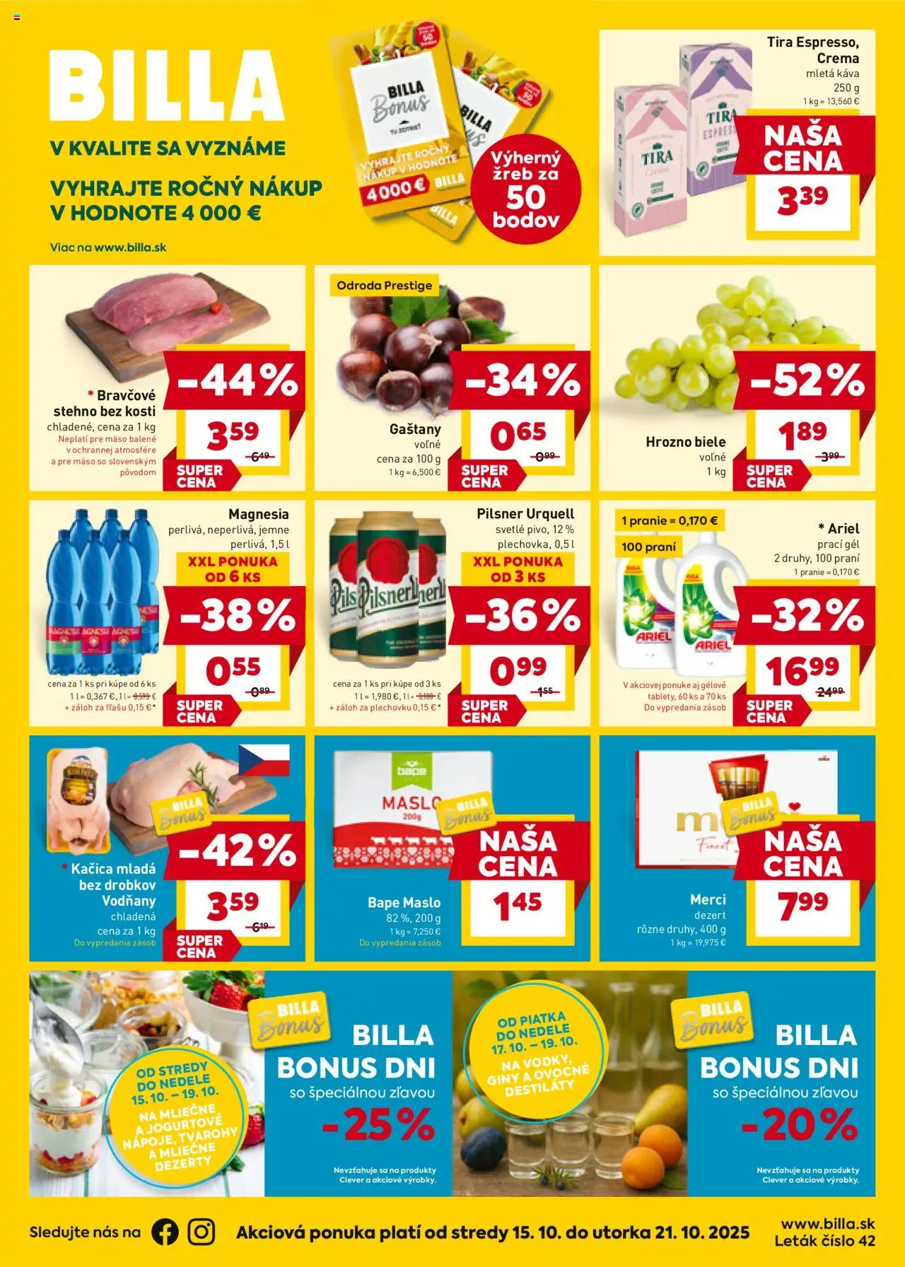 Nové Billa akcie – leták je platný od 15.10.2025 | Strana: 1 | Produkty: Gaštany, Pilsner Urquell, Kačica, Hrozno