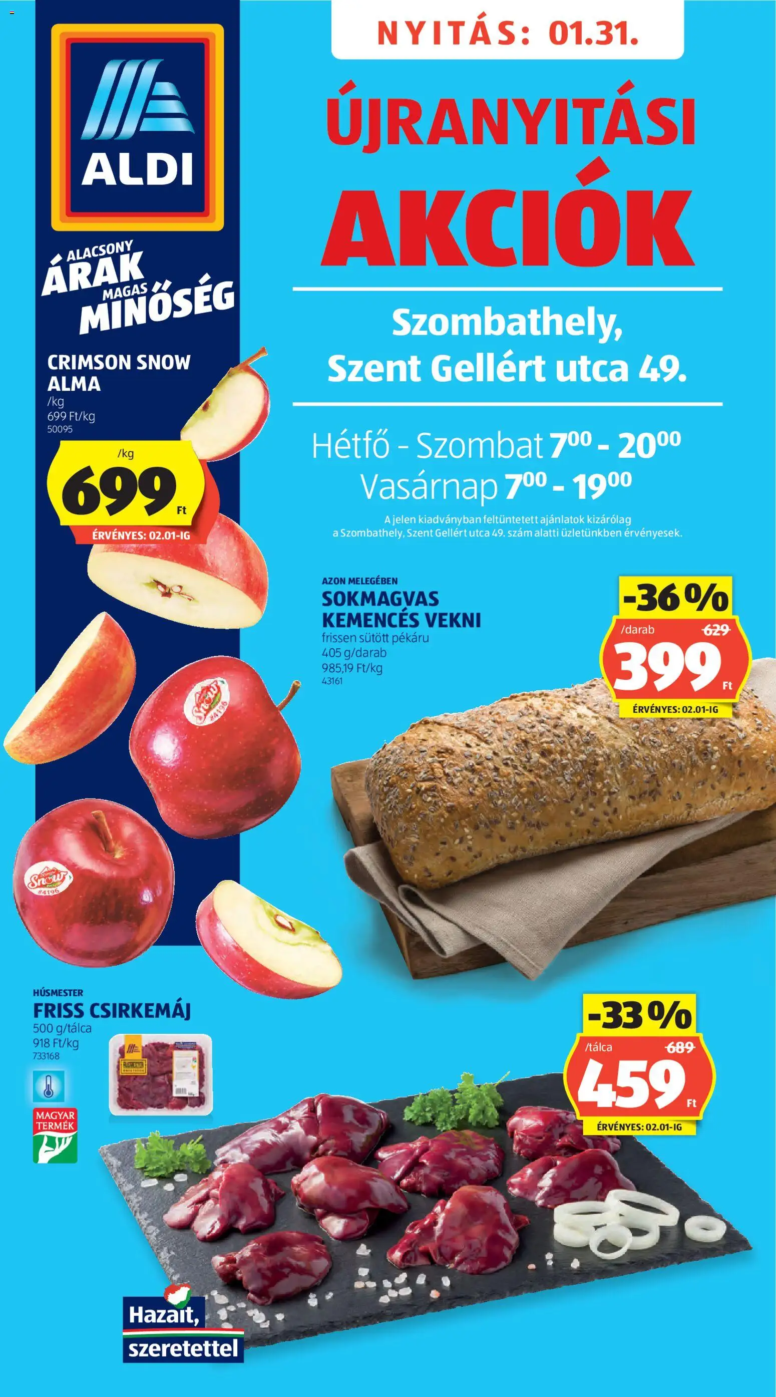 Aldi akciós ujság - amely érvényes a következő dátumtól: 31.01.2026 | Oldal: 1 | Termékek: Csirkemáj, Alma