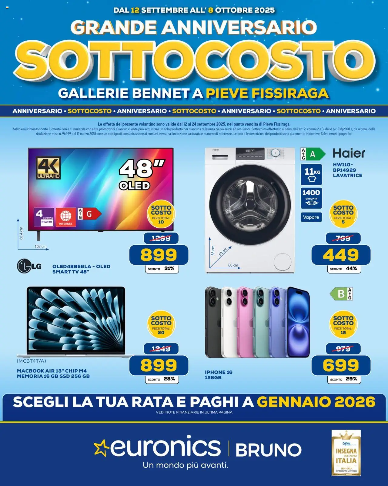 Volantino Euronics del 12.09.2025 | Pagina: 1 | Prodotti: Macbook air, smart TV, Lavatrice, Macbook