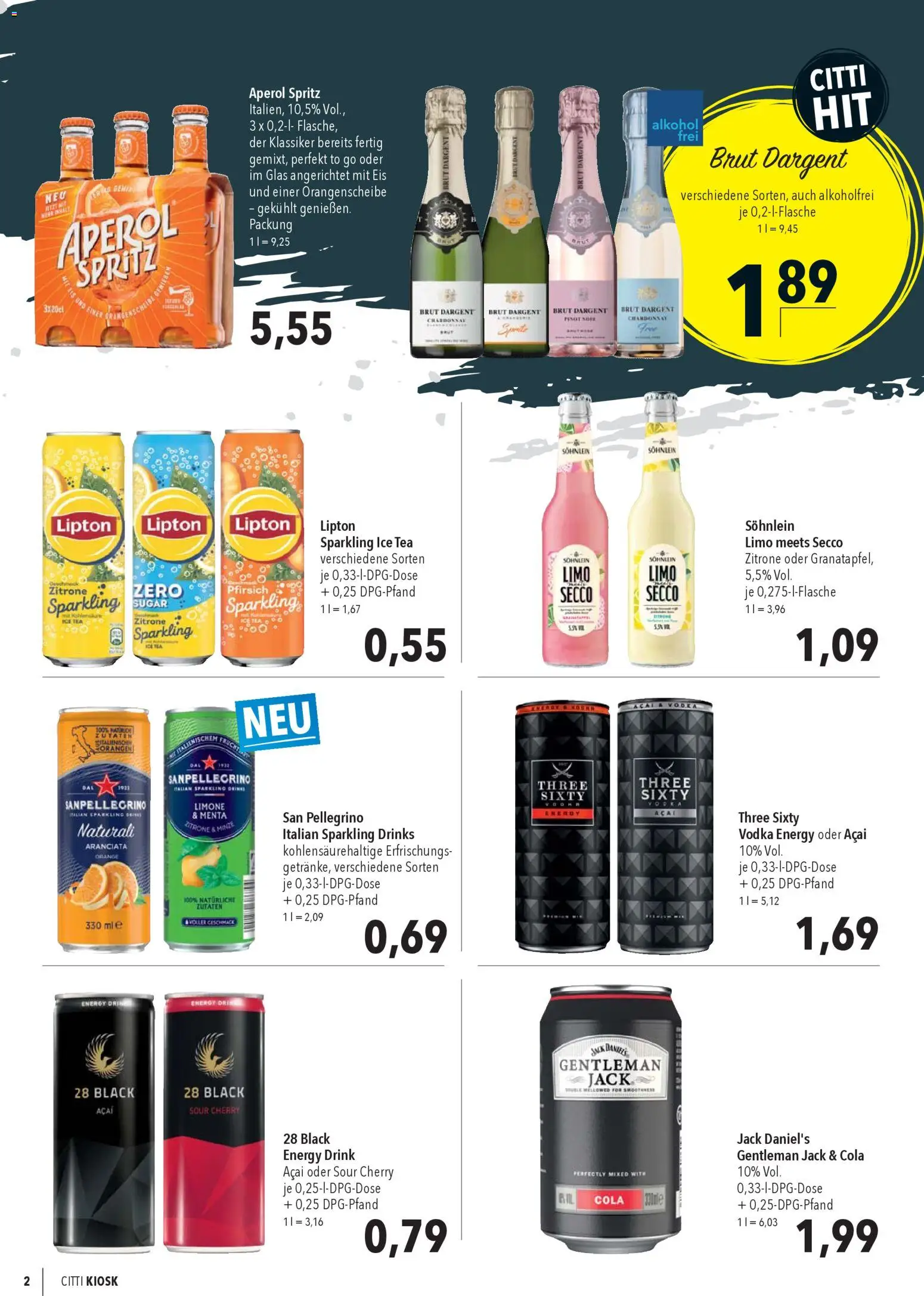 CITTI Markt Kioskwerbung – gültig ab 08.04.2026 | Seite: 2 | Produkte: Energy, Jack Daniel's, Brut dargent, Eis
