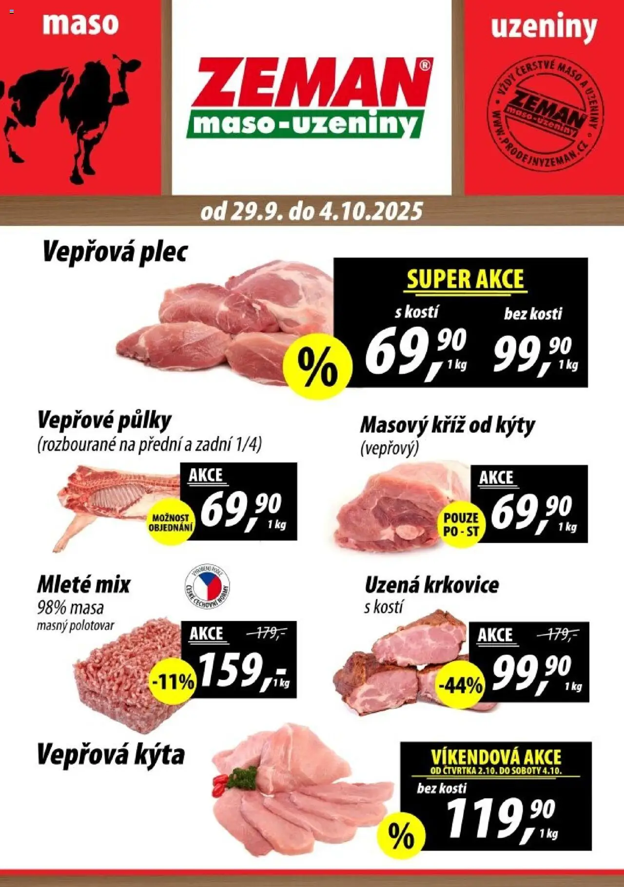 Prodejny Zeman leták - Kaplice, Milevsko, Netolice od 29.09.2025 | Strana: 1 | Produkty: Uzeniny, Vepřová Kýta, Krkovice, Uzená krkovice