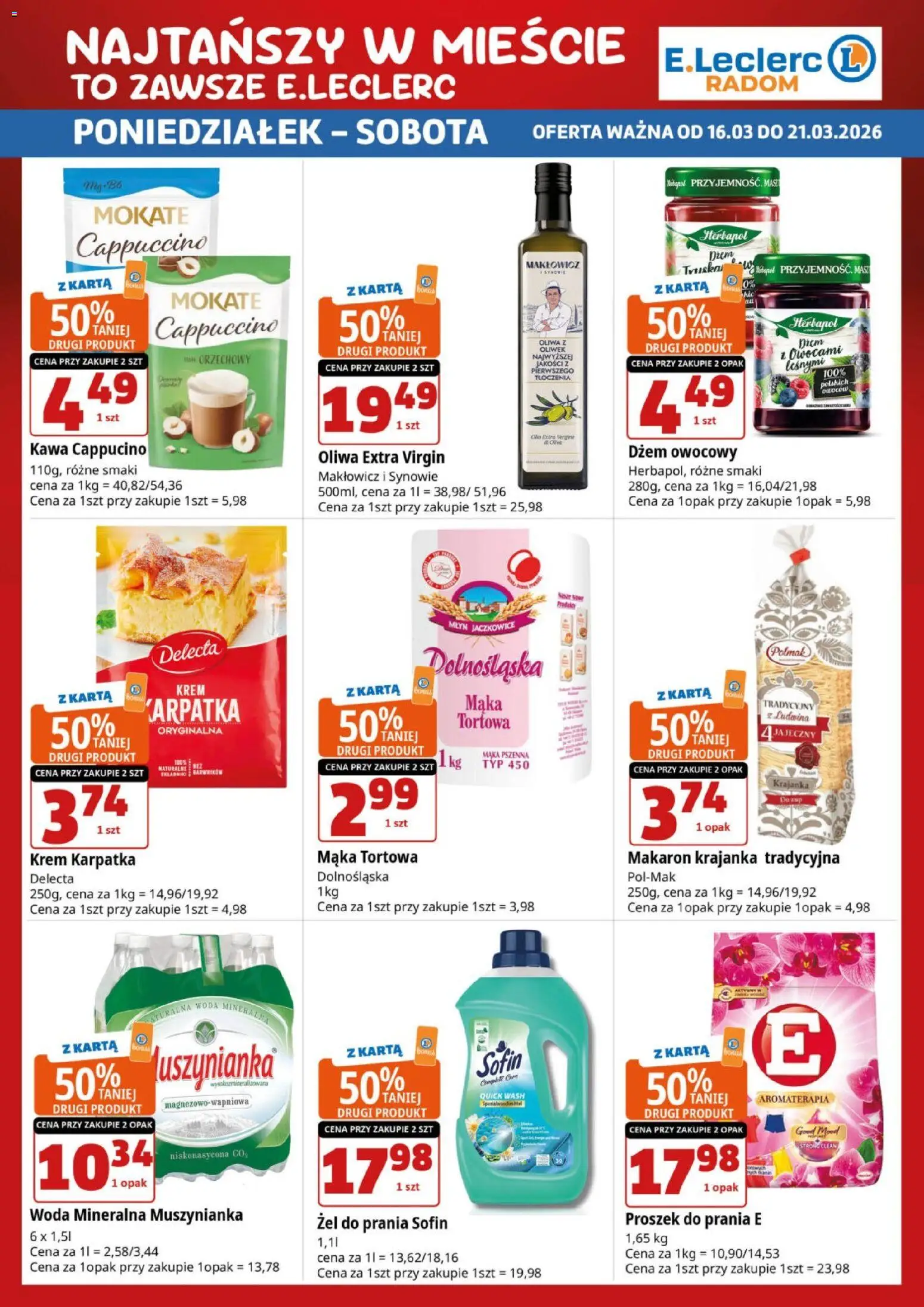 E.Leclerc gazetka - Radom od 16.03.2026 | Strona: 3 | Produkty: Oliwa z oliwek, Cappuccino, Dżem, Makaron