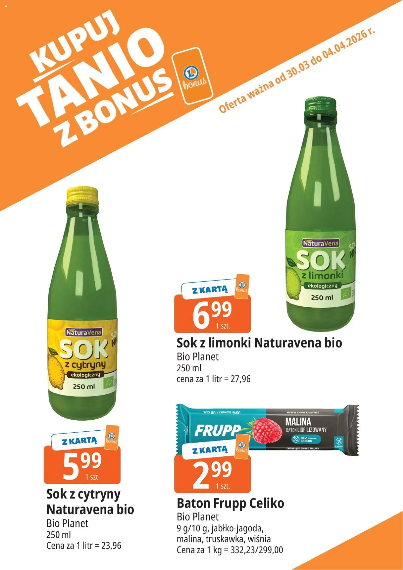 E.Leclerc gazetka - Tychy kupony dodatkowe od 30.03.2026 | Strona: 14 | Produkty: Malina, Maliny, Sok z cytryny, Baton