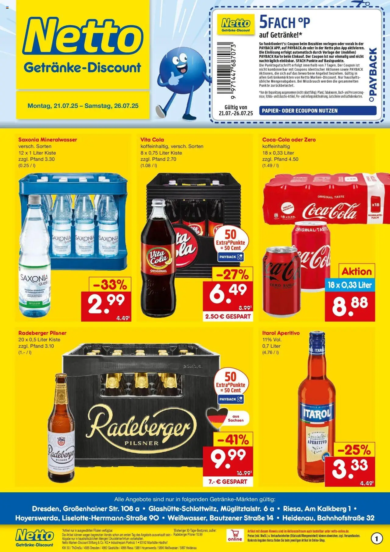 Netto Marken-Discount prospekt Heidenau	 – gültig ab 21.07.2025 | Seite: 1 | Produkte: Cola, Mineralwasser, Vita cola, Radeberger pilsner