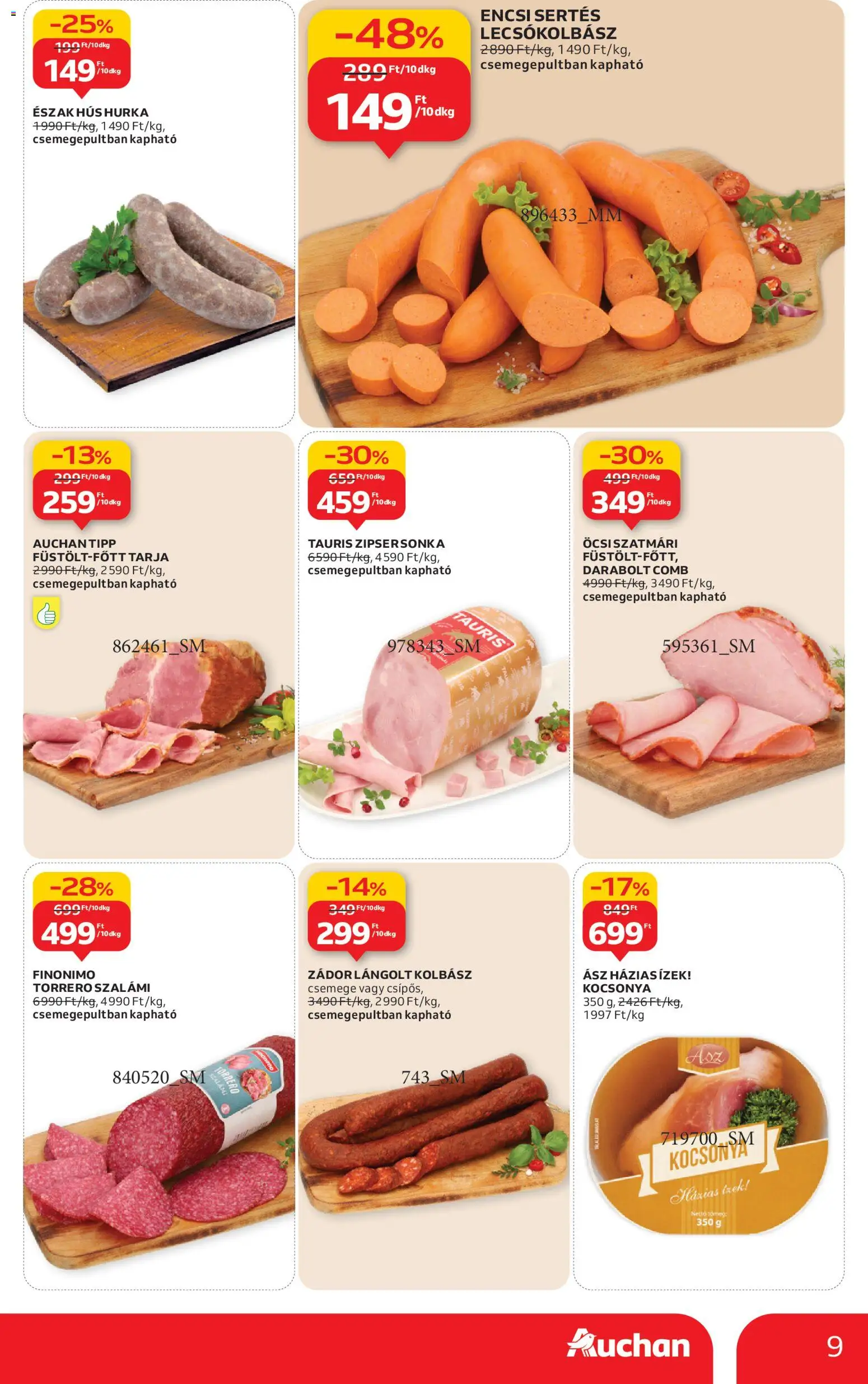 Auchan akciós ujság - amely érvényes a következő dátumtól: 02.01.2026 | Oldal: 9 | Termékek: Hús, Lángolt kolbász, Szalámi, Hurka