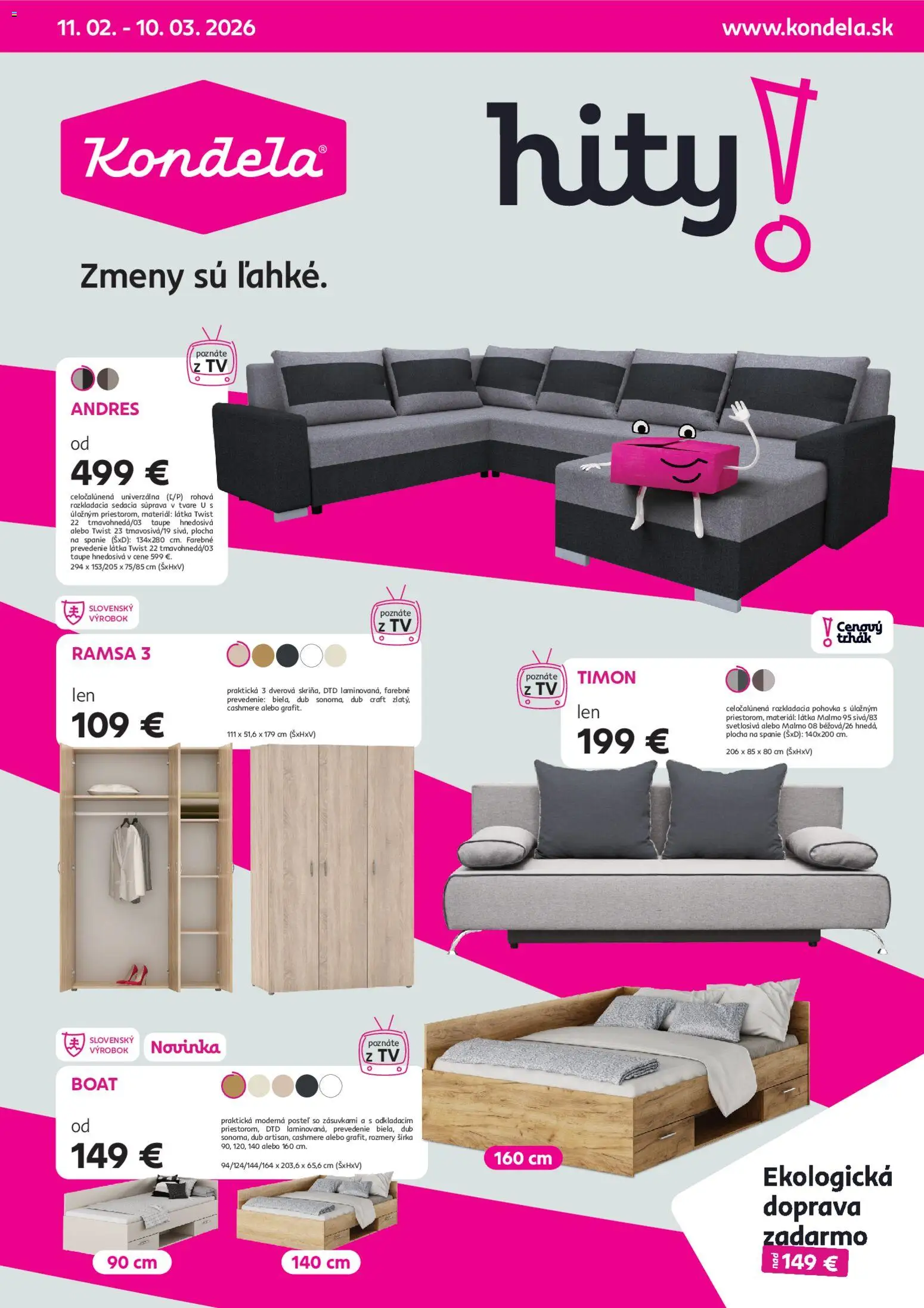 Nové Kondela akcie – leták je platný od 11.02.2026 | Strana: 1 | Produkty: Sedacia súprava, Tv, Posteľ, Rozkladacia pohovka