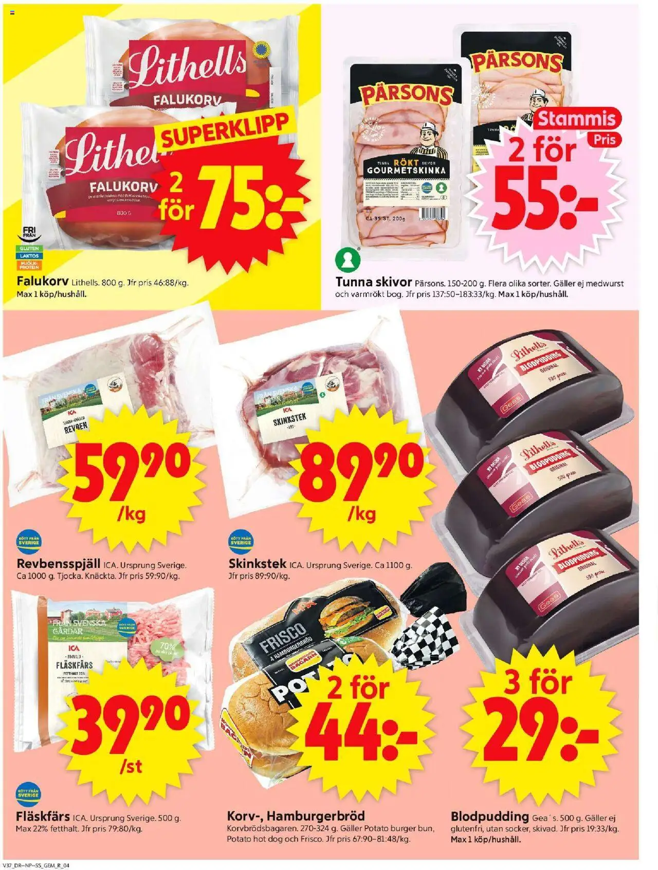 ICA Supermarket reklamblad aktuell från 08.09.2025 | Sida: 4 | Produkter: Gem, Falukorv, Hamburgerbröd, Mjölk
