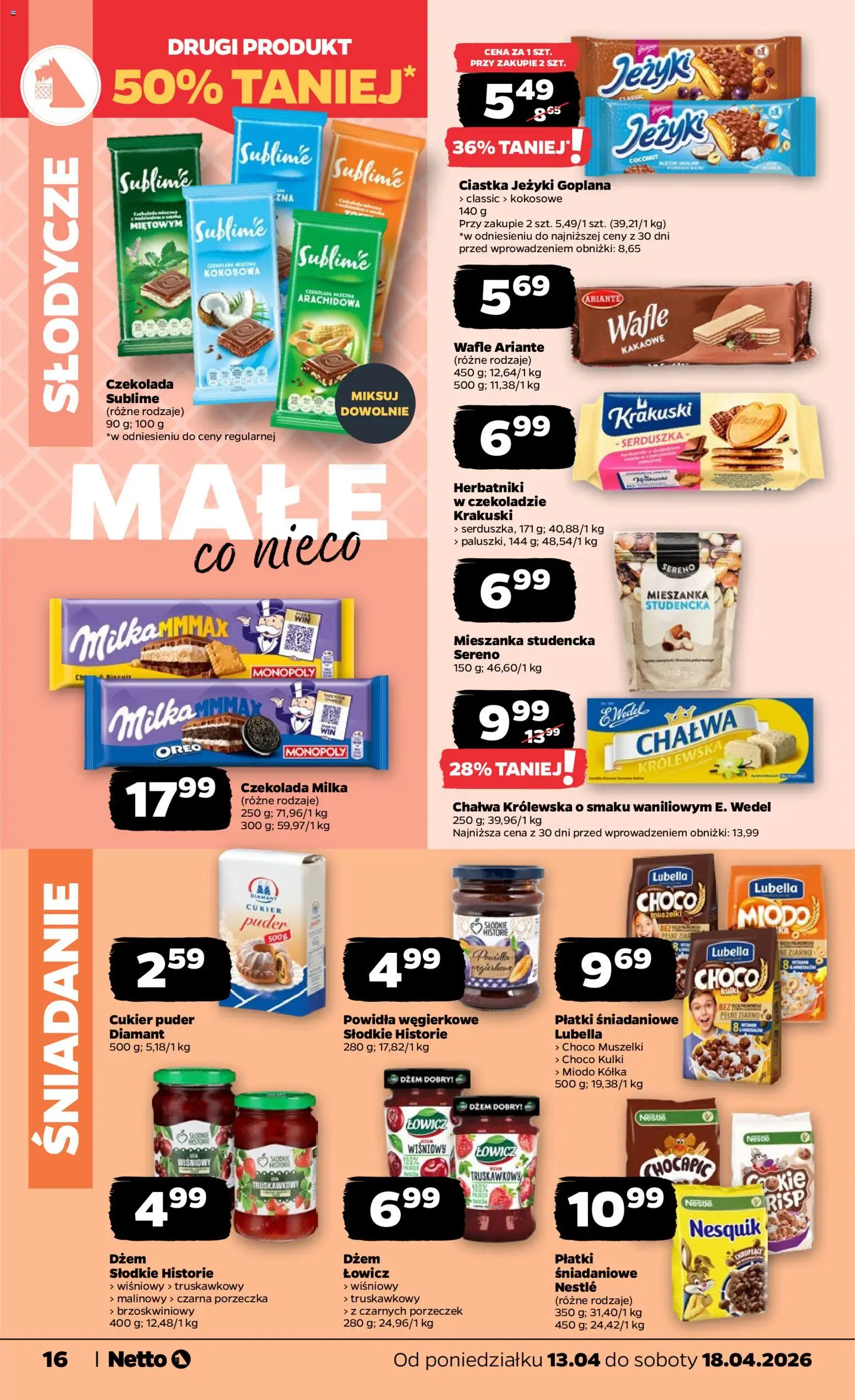 Netto gazetka od poniedziałku spożywcza od 13.04.2026 | Strona: 16 | Produkty: Słodycze, Wafle, Milka, Cukier