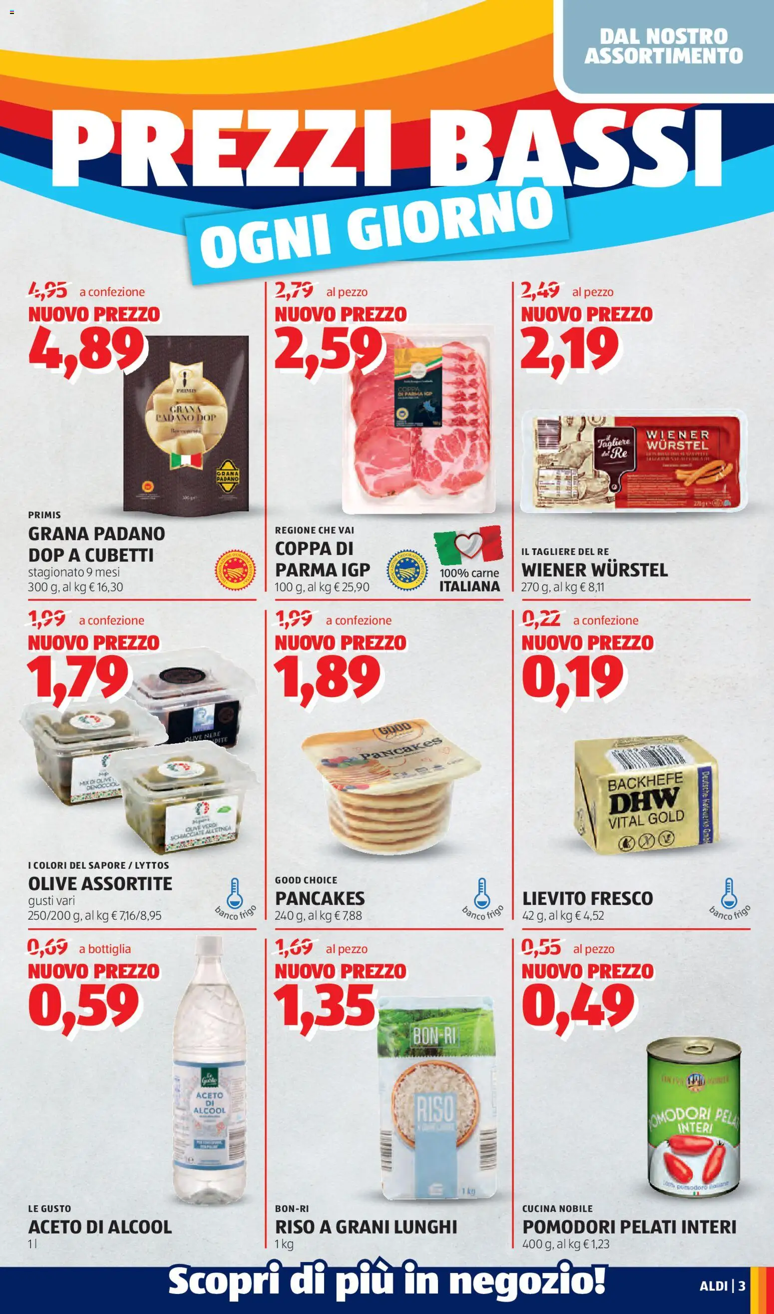 Volantino Aldi del 27.04.2026 | Pagina: 3 | Prodotti: Pomodori, Aceto, Tagliere, Bottiglia