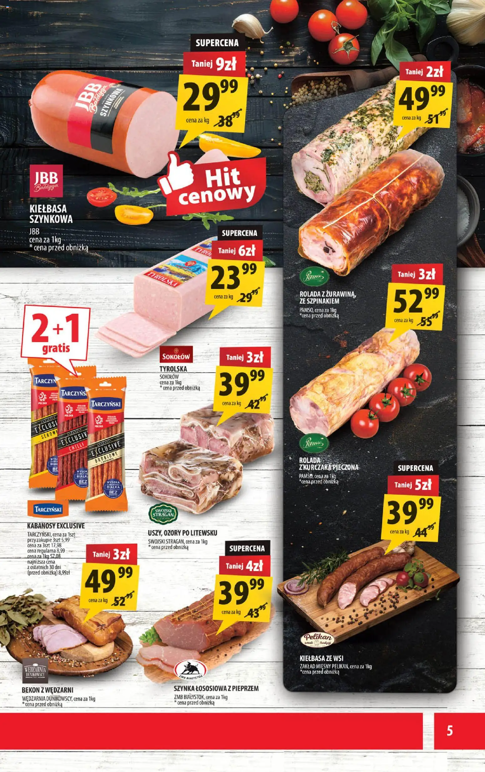 Arhelan gazetka od 08.04.2026 | Strona: 5 | Produkty: Kiełbasa, Bekon, Kabanosy, Szynka